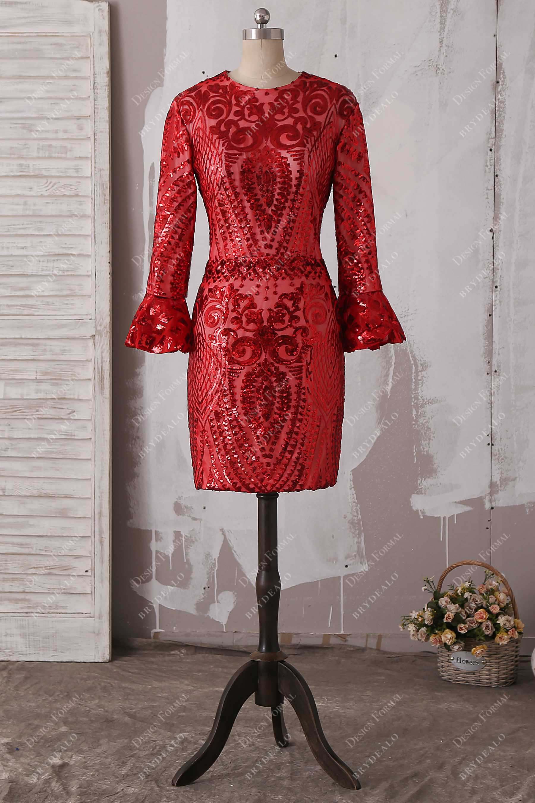 red sequin bell sleeves prom dress