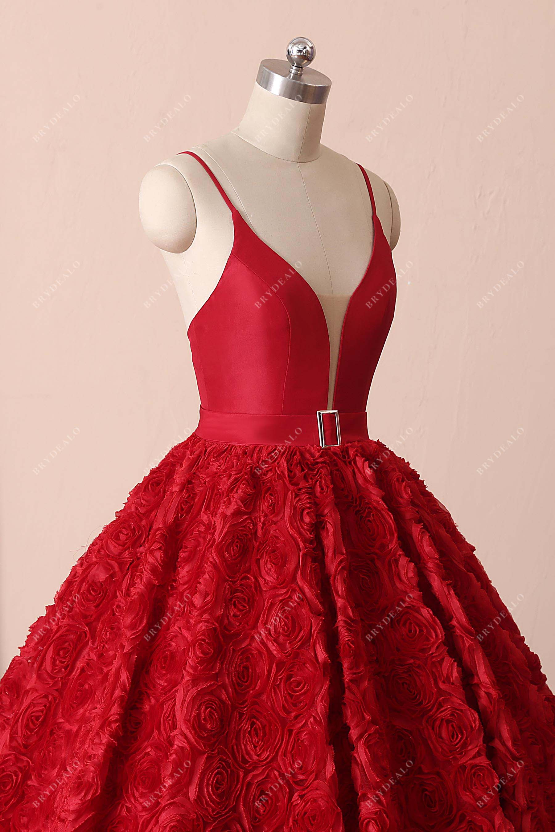 red sleeveless satin corset prom gown