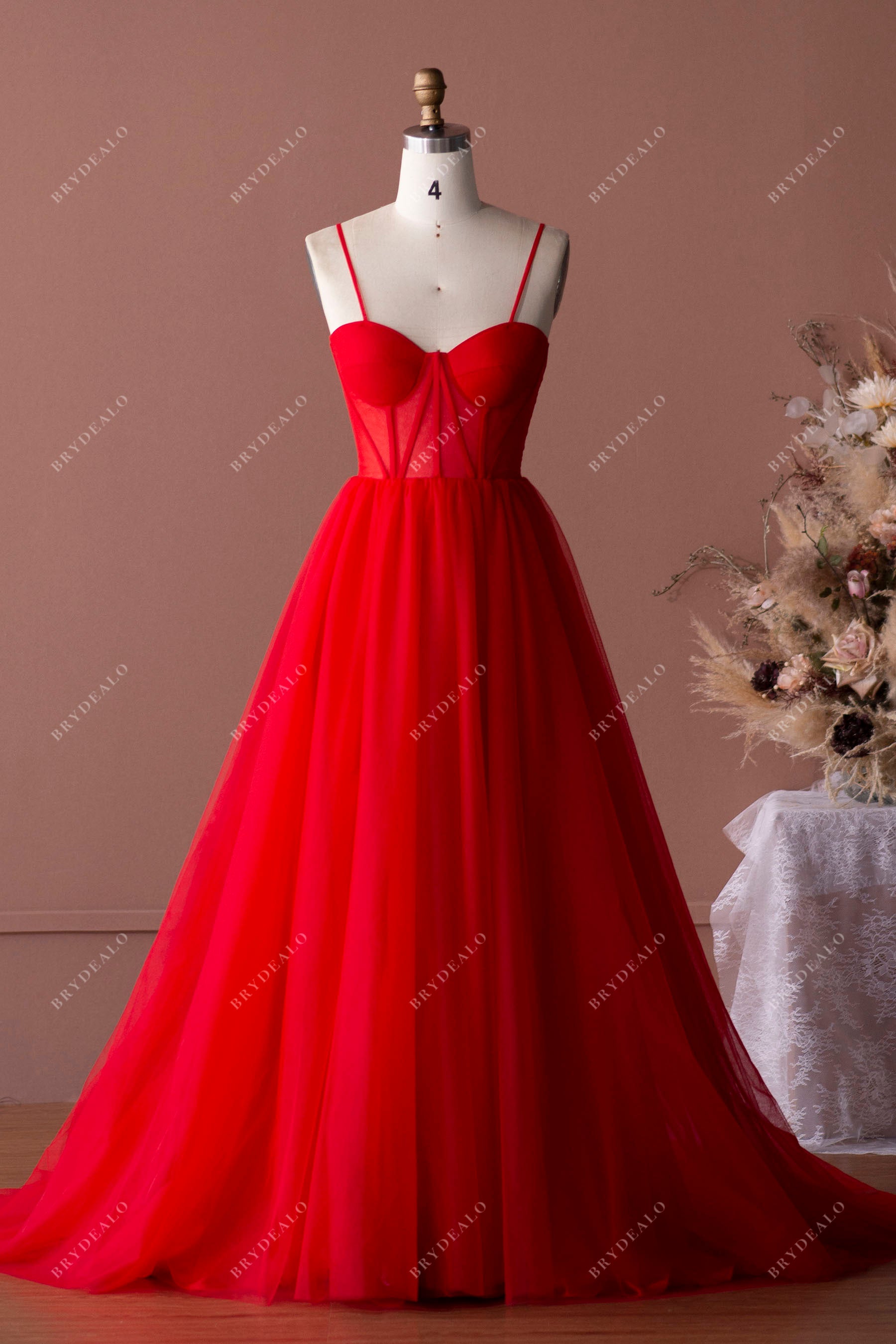 red straps corset tulle A-line formal dress