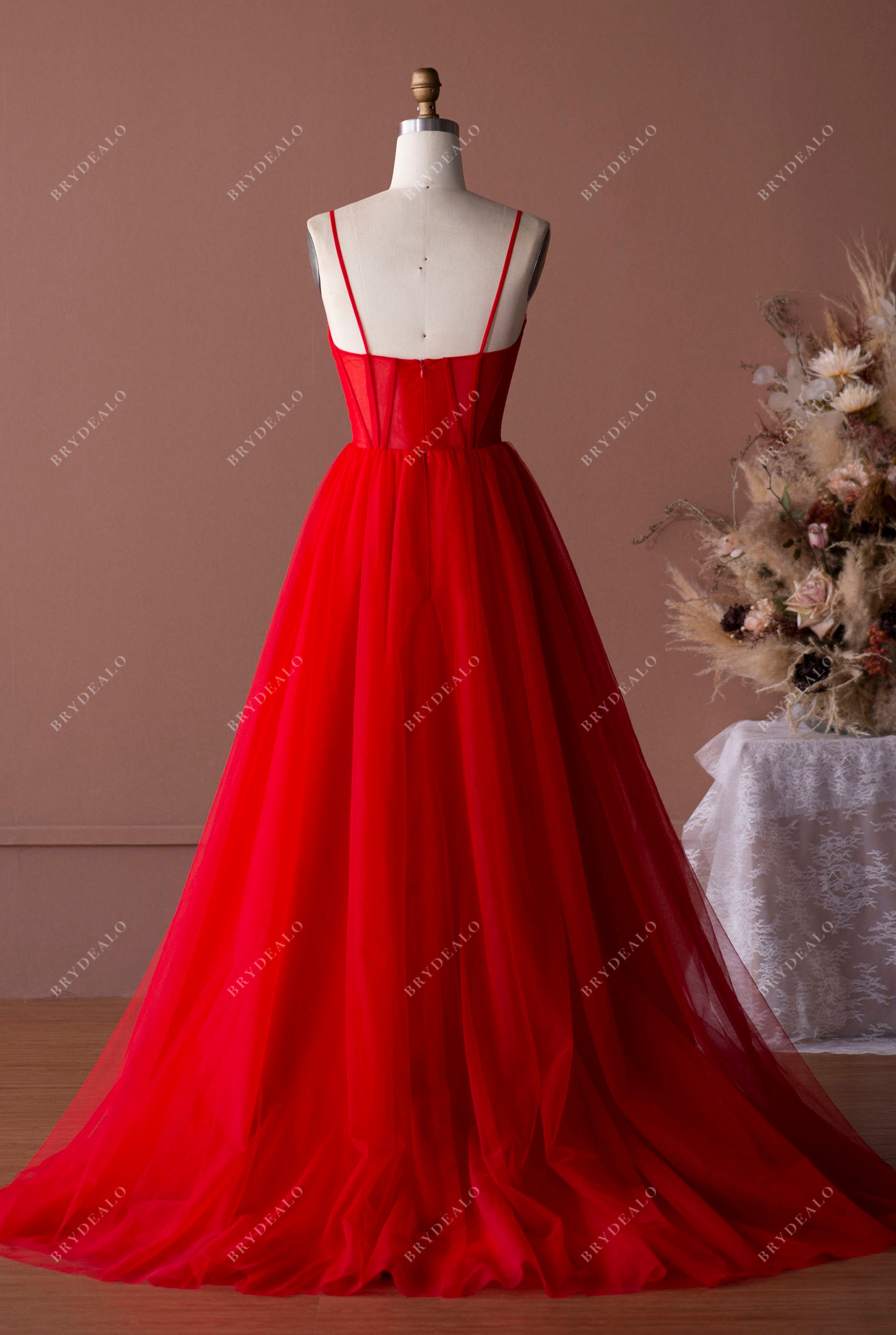 red straps corset tulle A-line prom dress