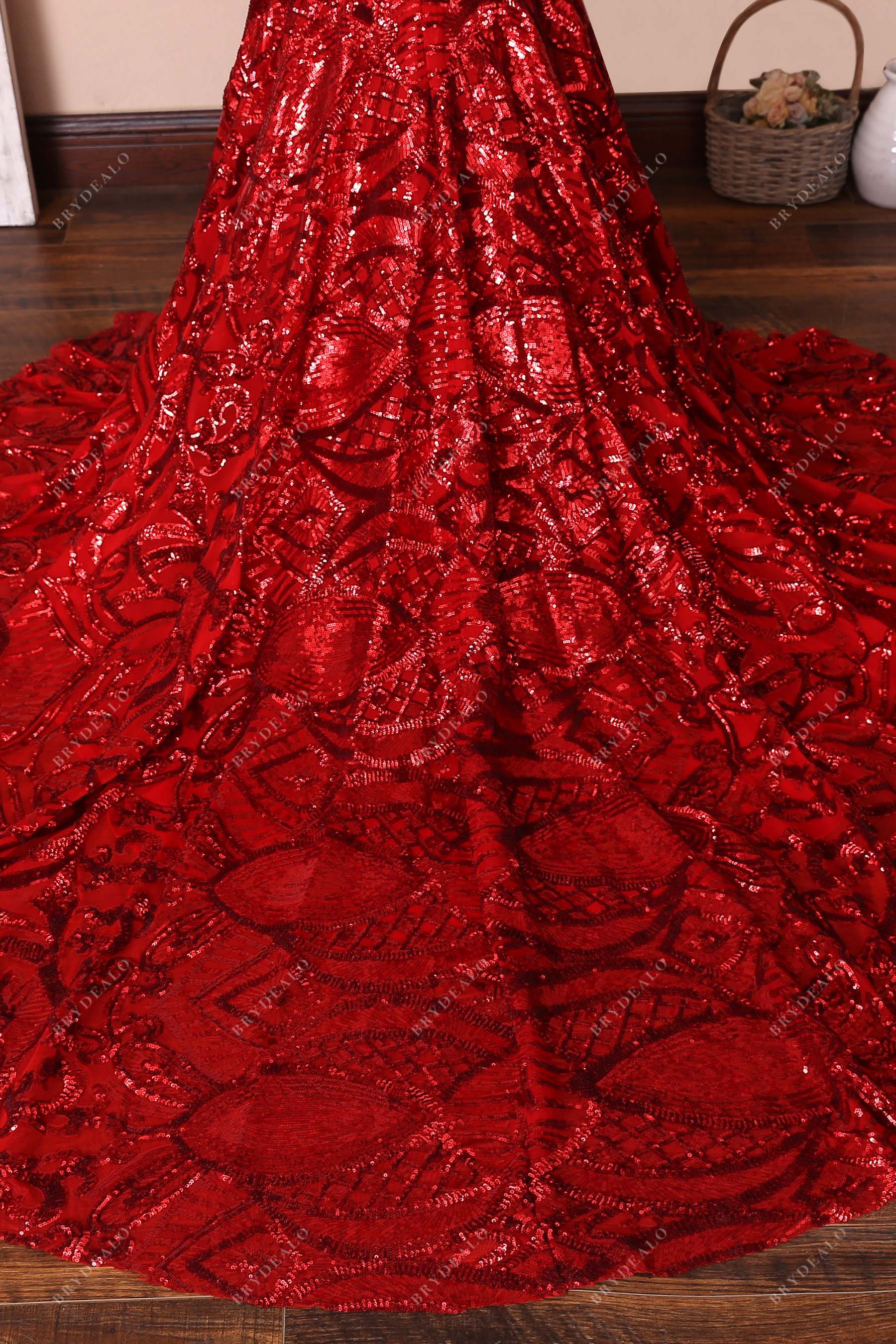 red unique patterned sequin chapel train gown