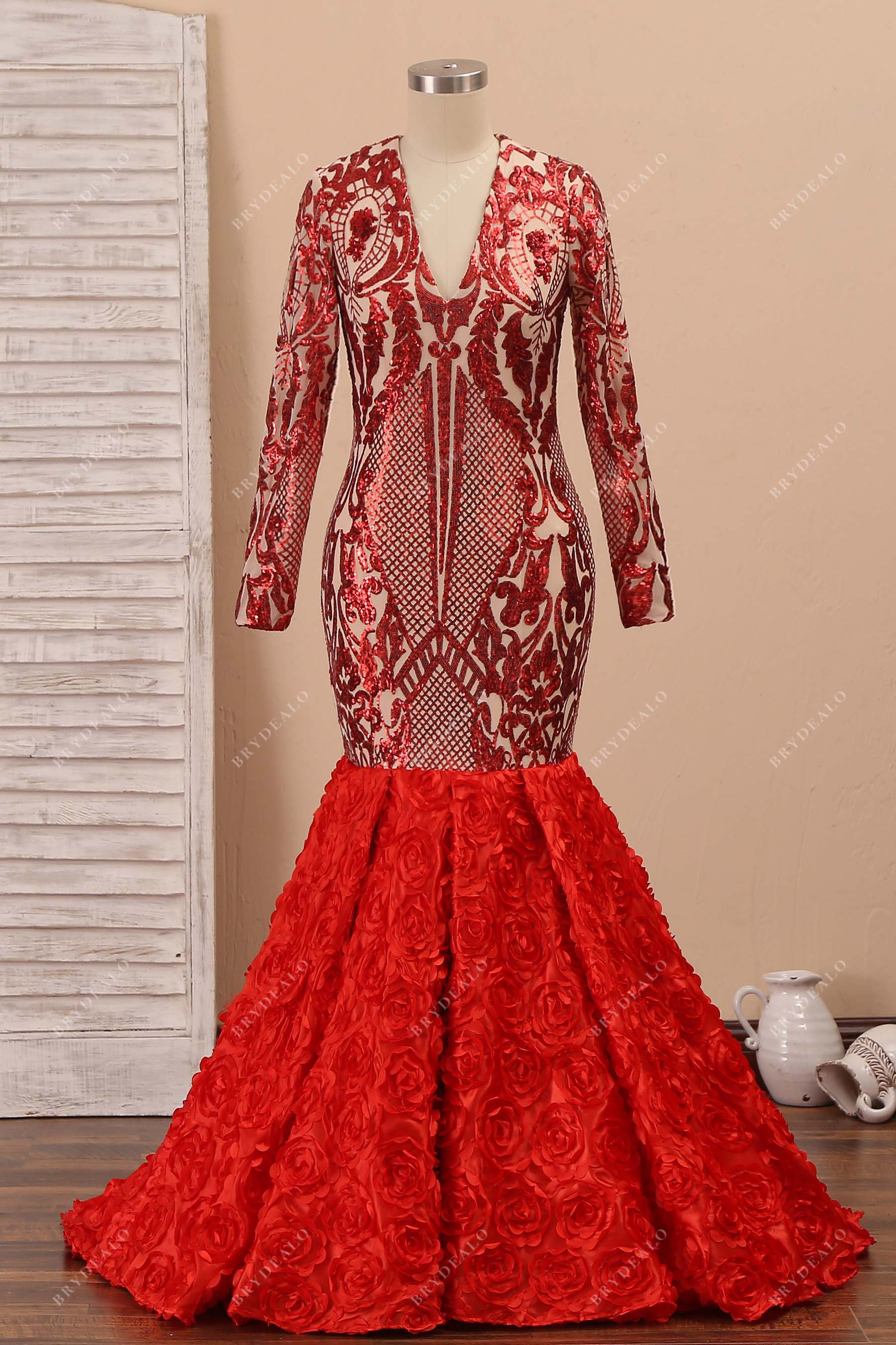 red unique sequin 3D roses trumpet prom dress