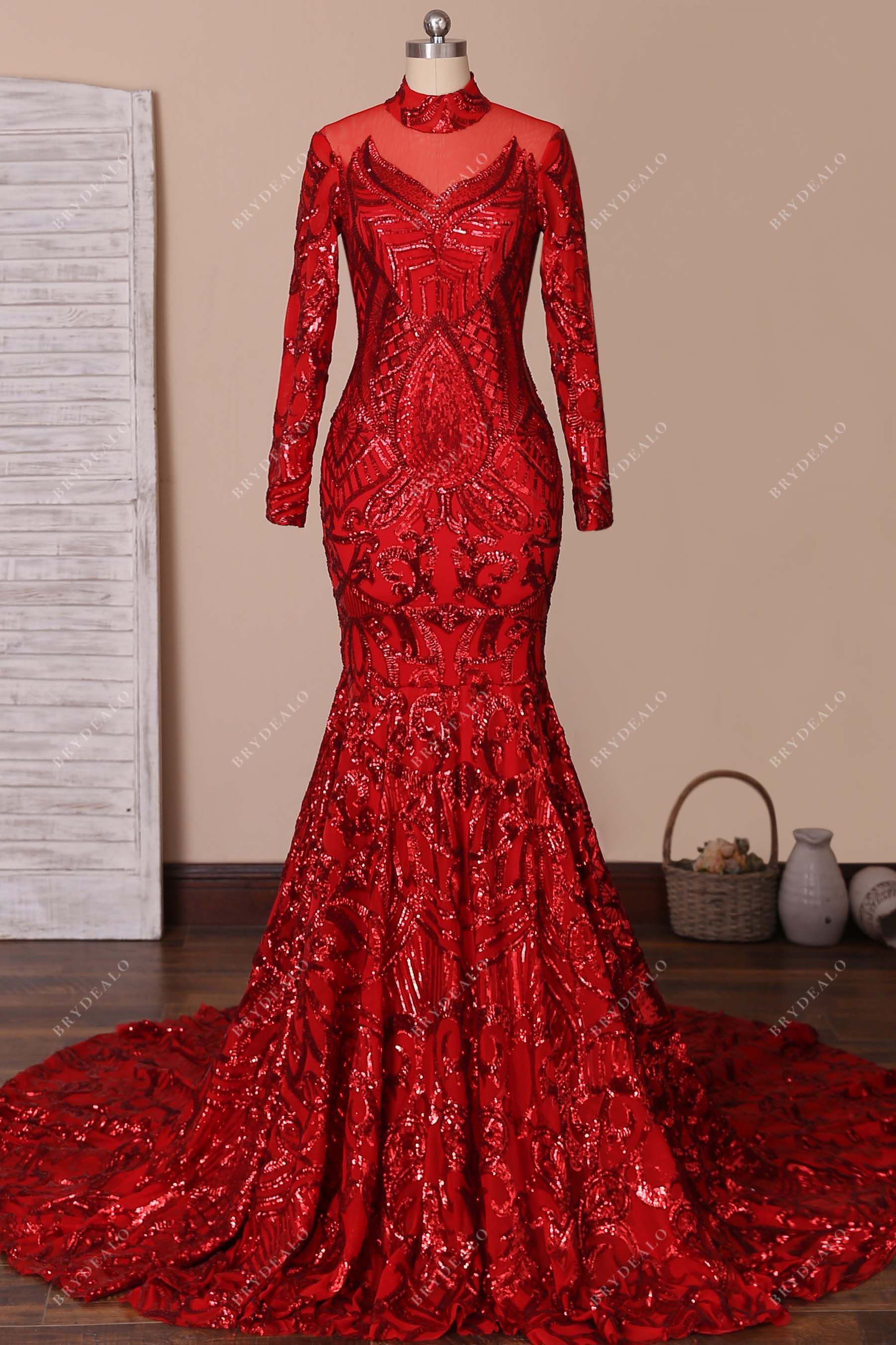 red unique sequin mermaid high neck prom gown