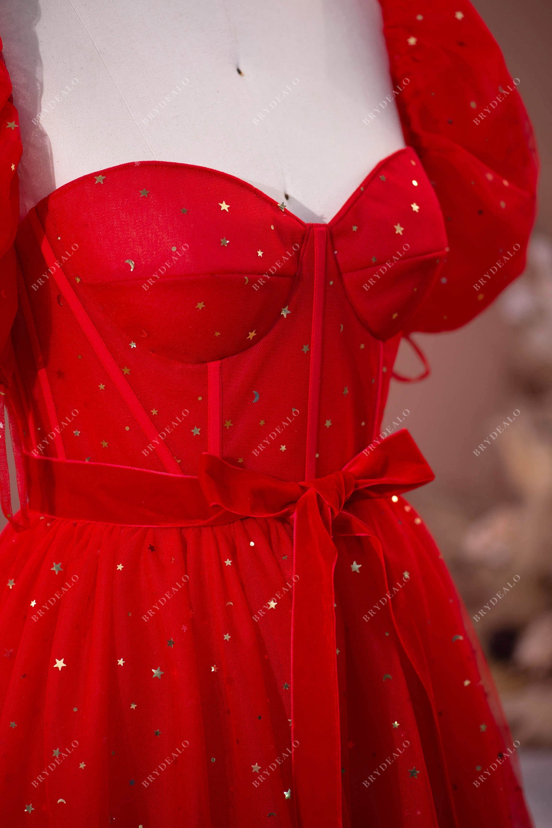 Sample Sale | Red Star Lantern Sleeve Tea Length Formal Gown Sample Sale | Red Star Lantern Sleeve Tea Length Formal Gown