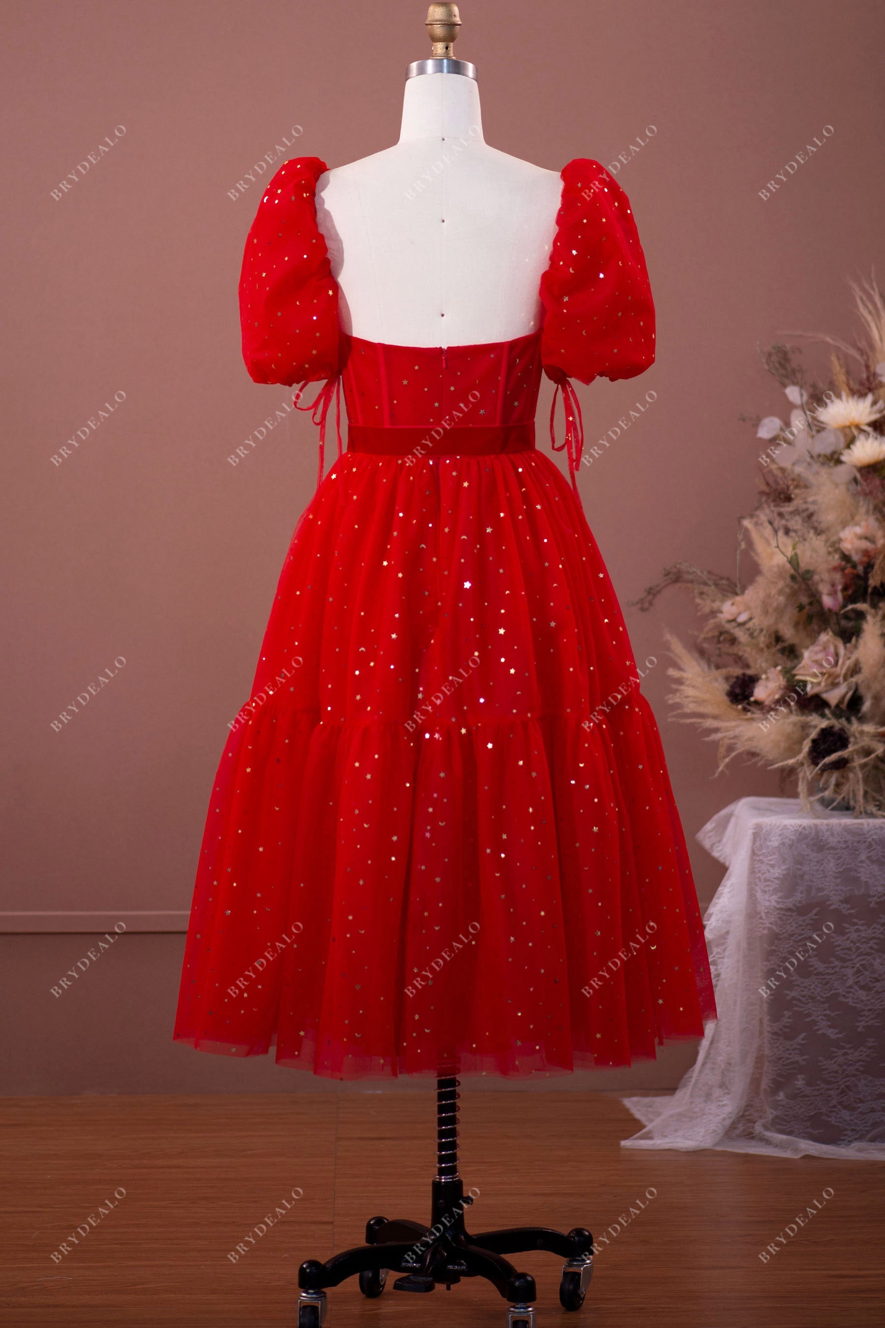 red sequins stars low back lantern sleeve tea length prom formal gown for wholesale