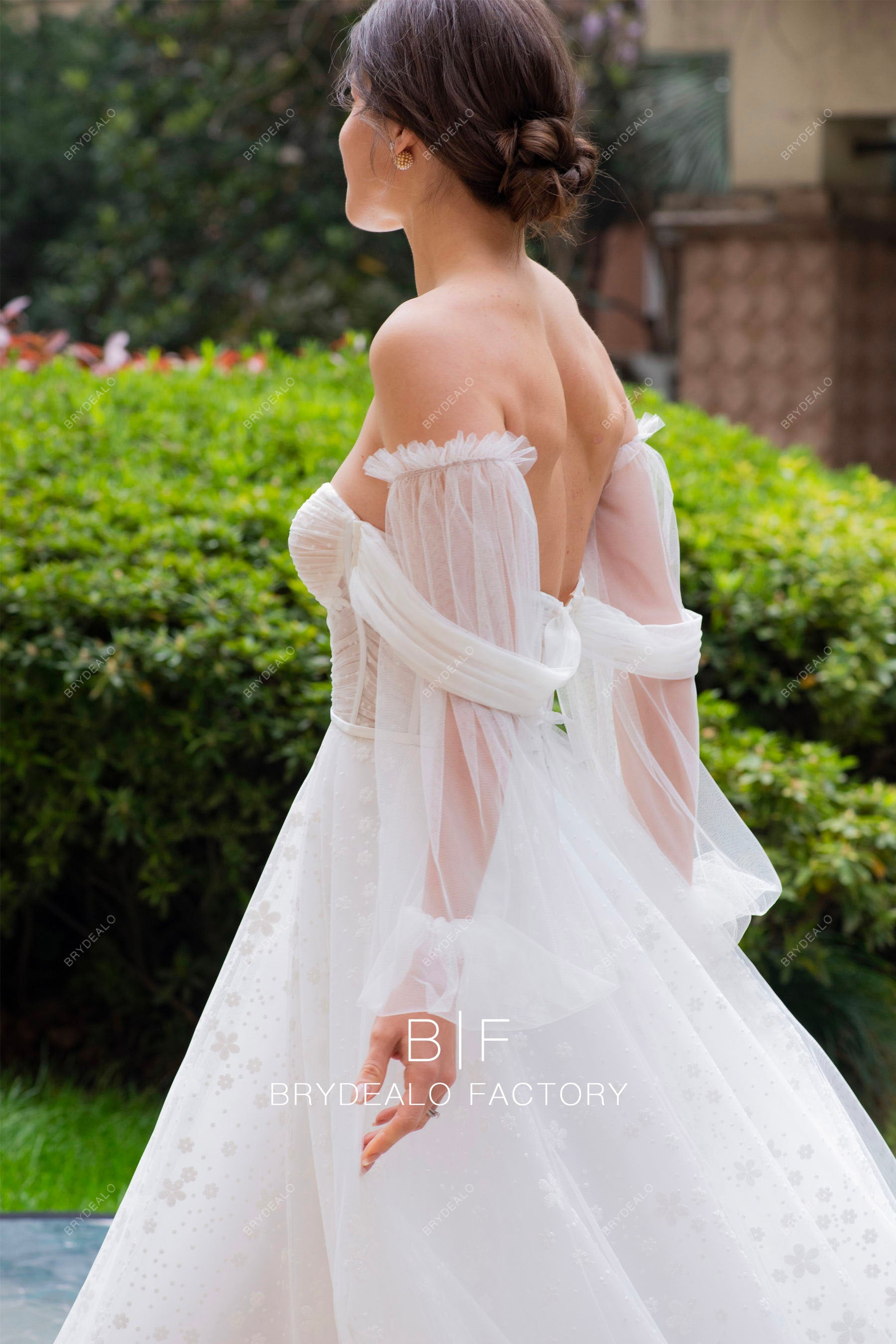 removable bubble sleeve shimmery floral wedding dress