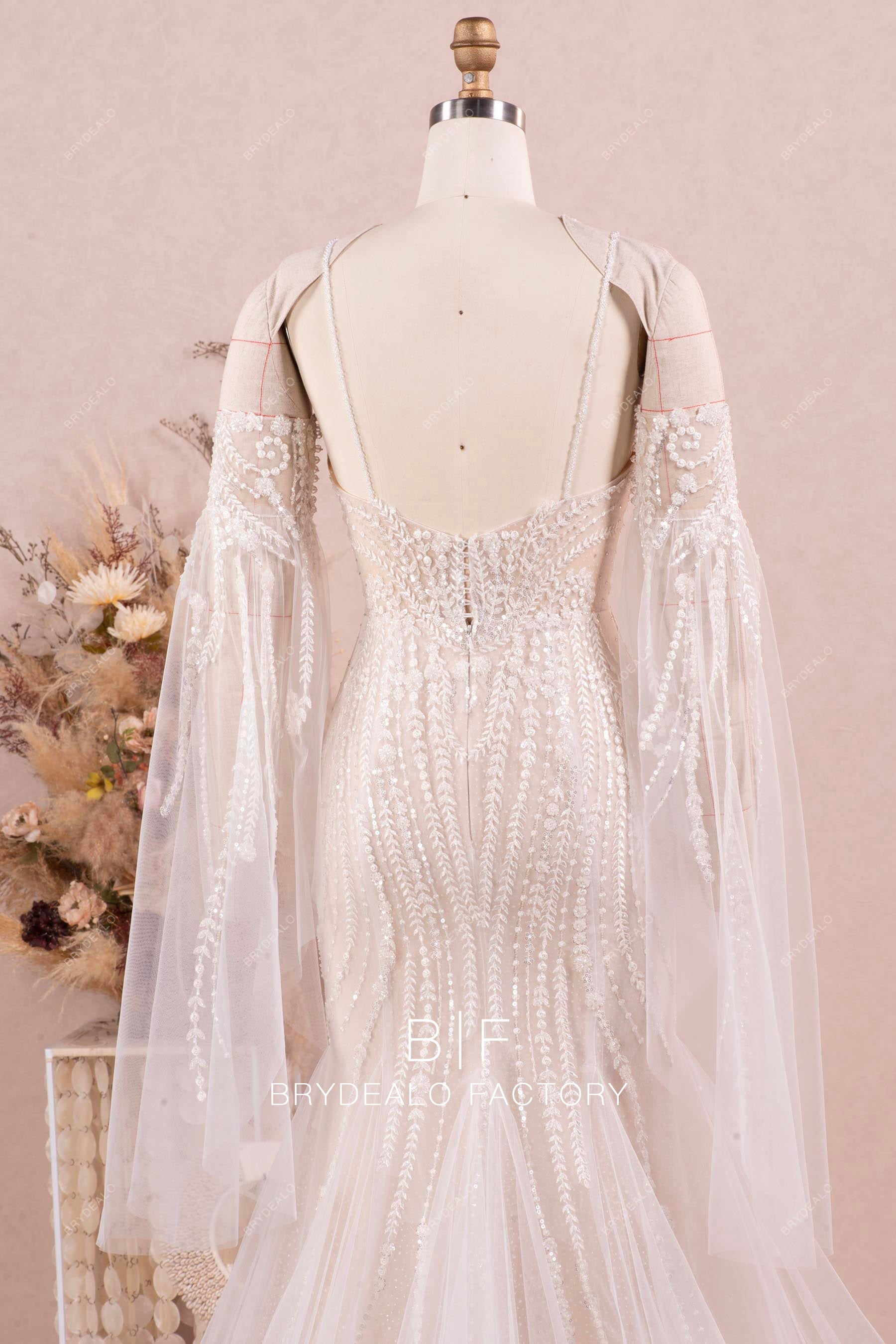removable long bell sleeve lace wedding dress