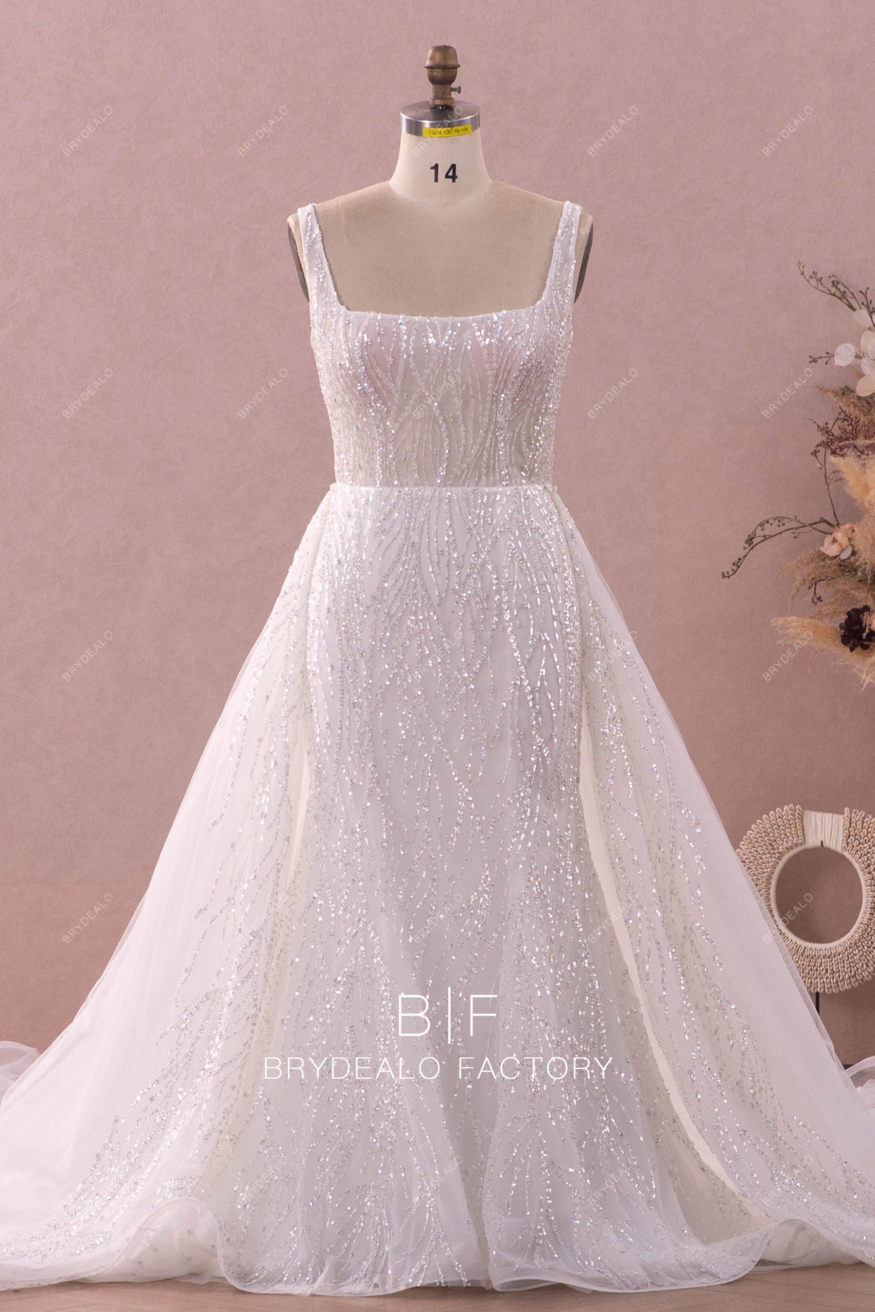 removable ruffled overskirt wedding dress