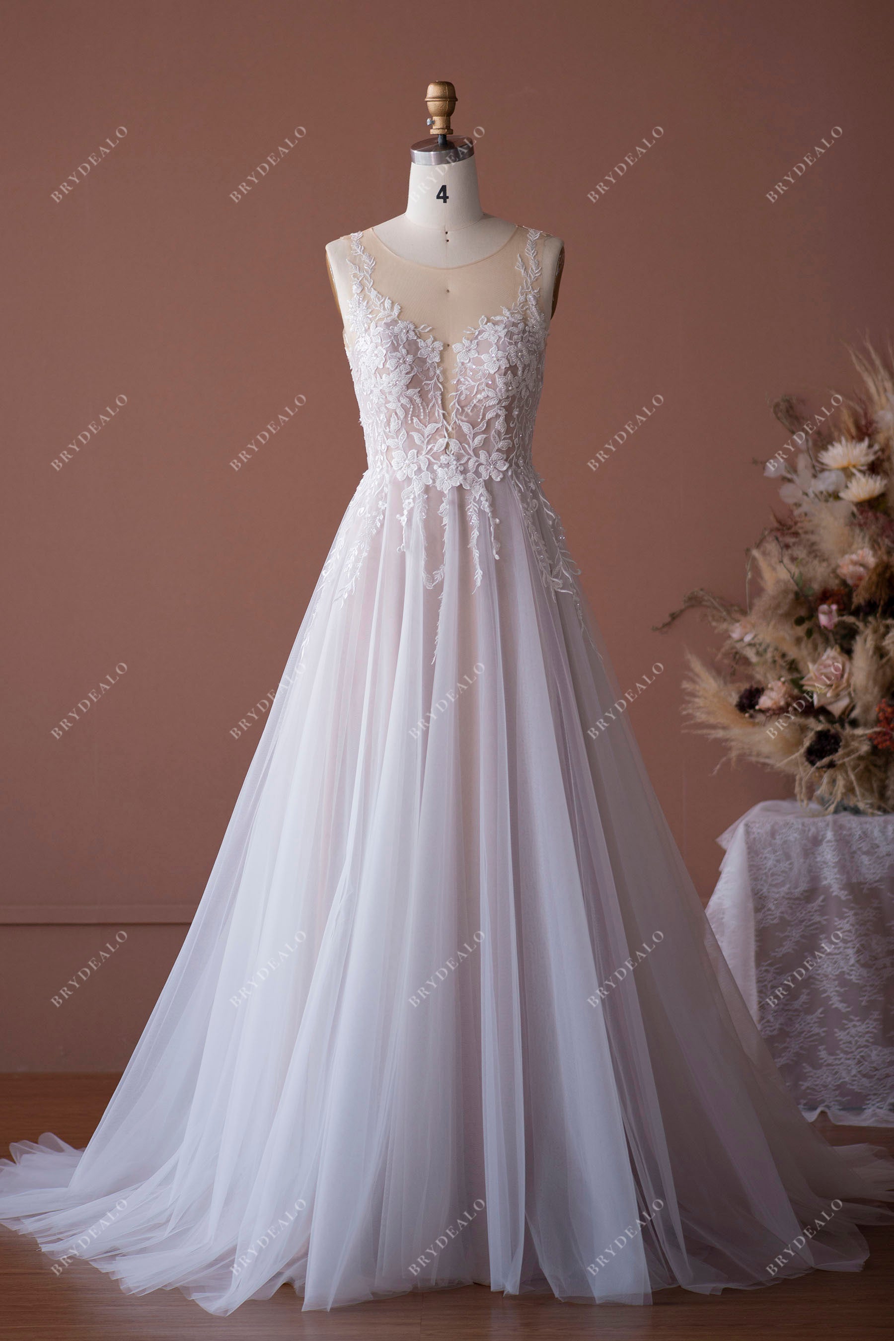 Romantic Beaded Lace Illusion A-line Bridal Dress