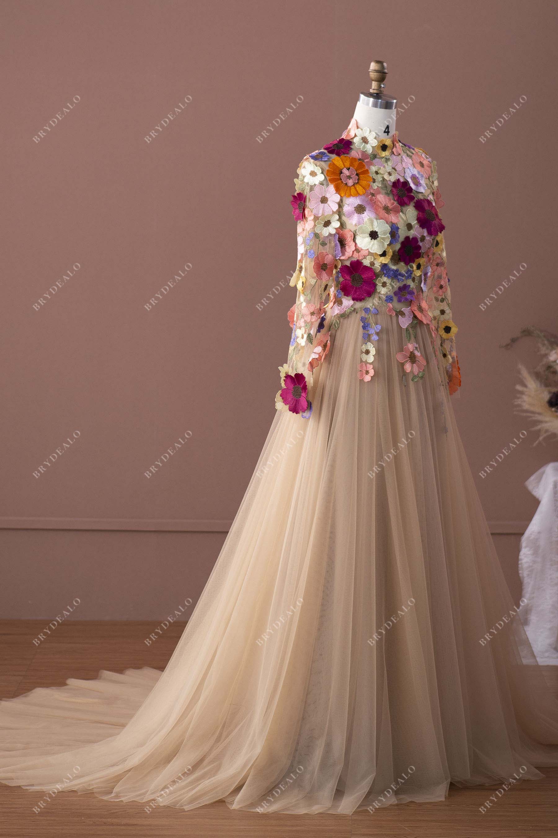 romantic flower lace champagne tulle bridal dress