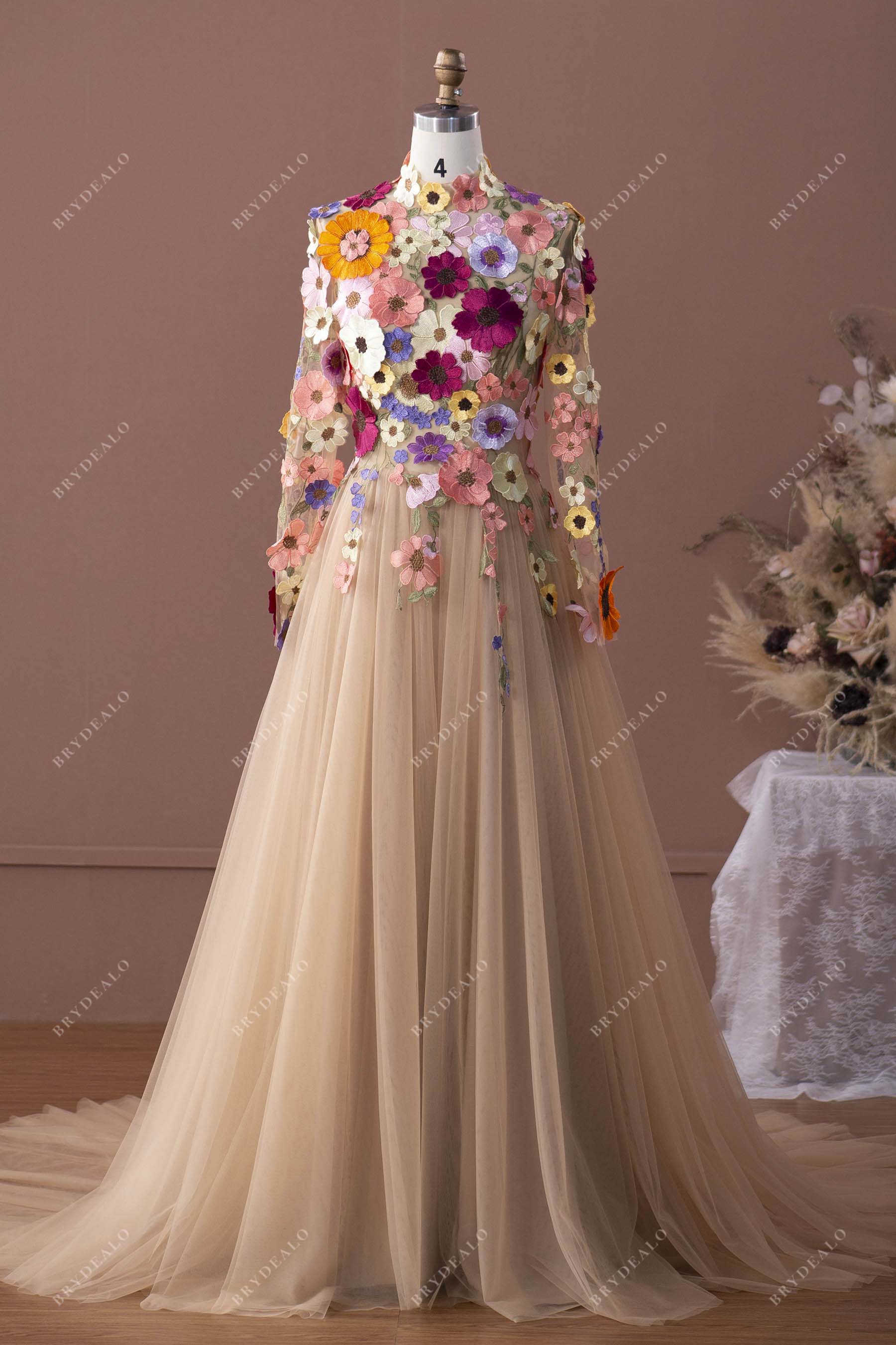 romantic flower lace long sleeve wedding gown