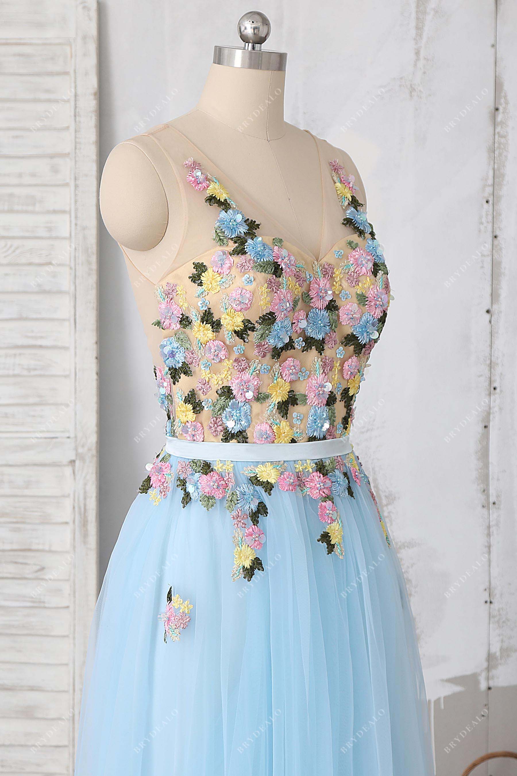 romantic flowers V-neck prom dress