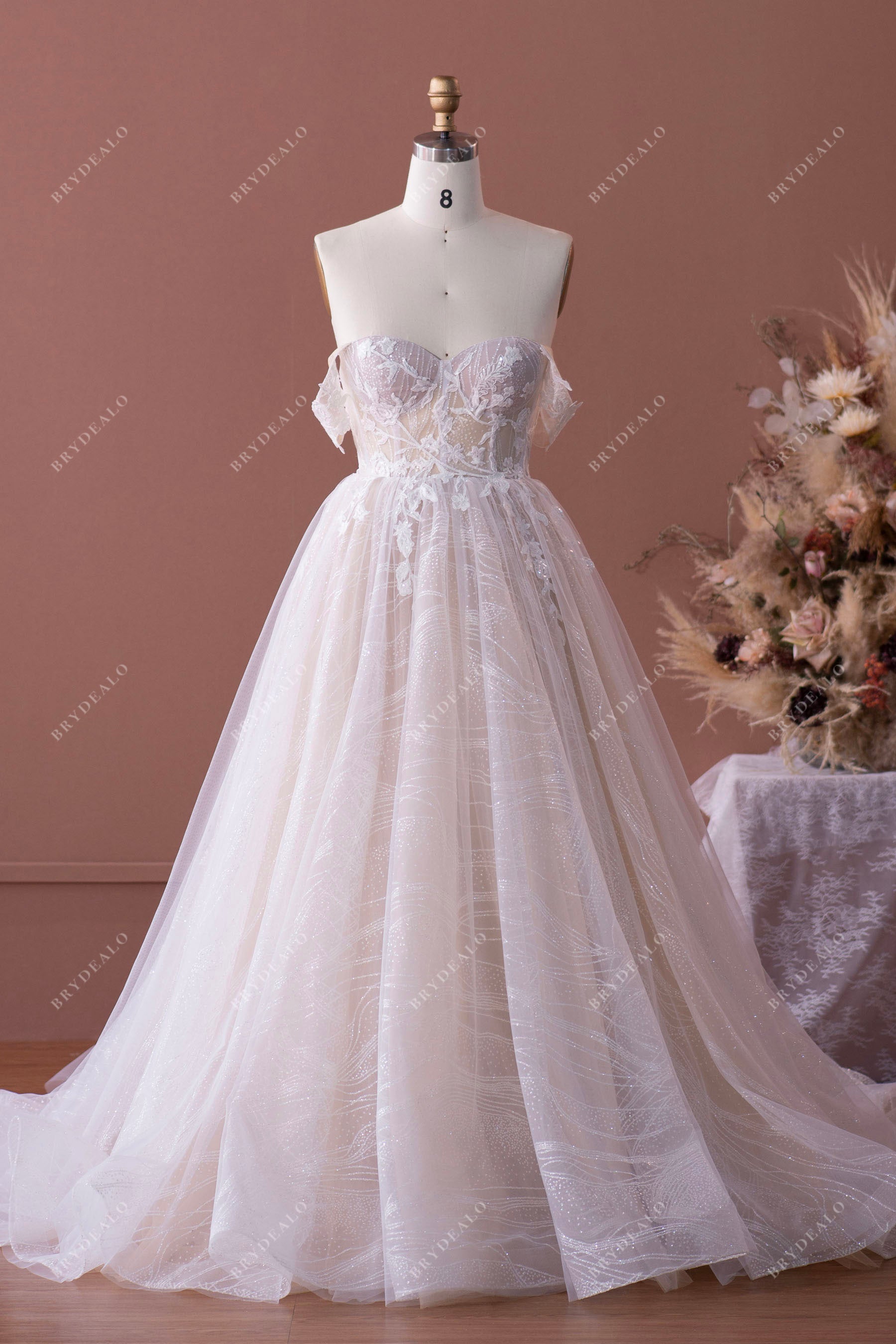 Romantic Lace Champagne Off-shoulder Bridal Dress Sample Sale