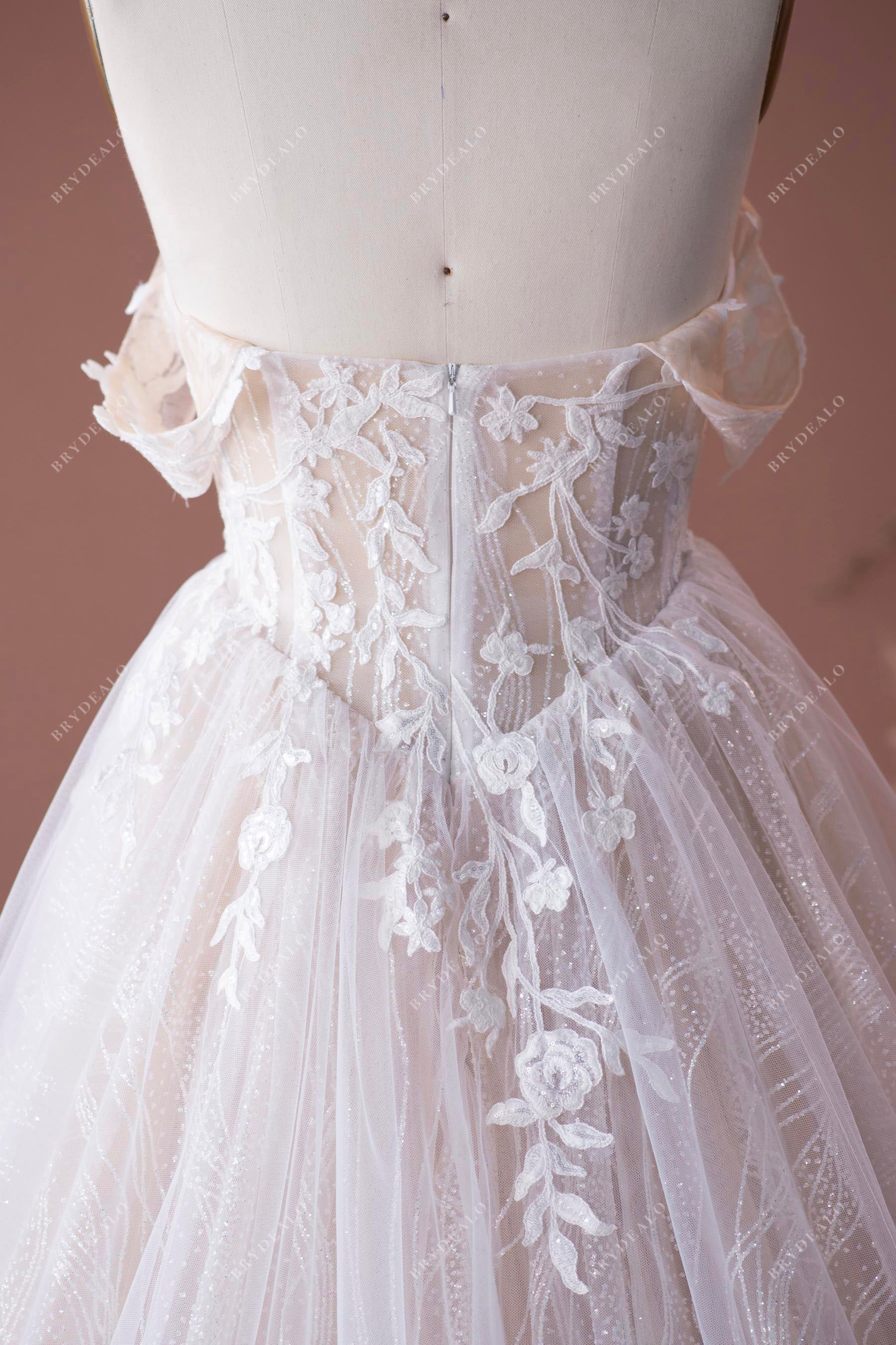 Shimmery Floral Lace Champagne Off-shoulder Bridal Dress Sample Sale  Online
