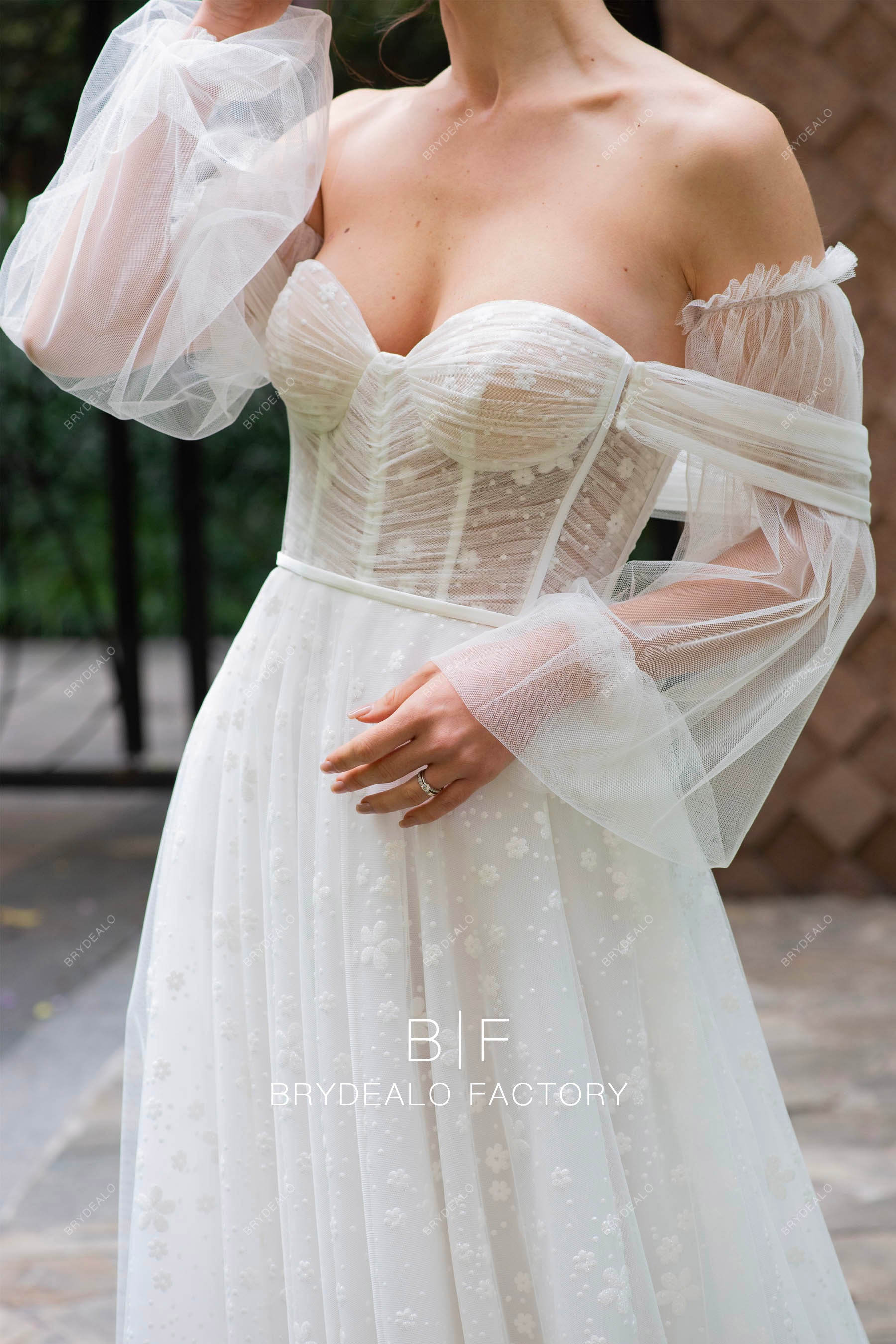 romantic off shoulder sweetheart corset wedding dress
