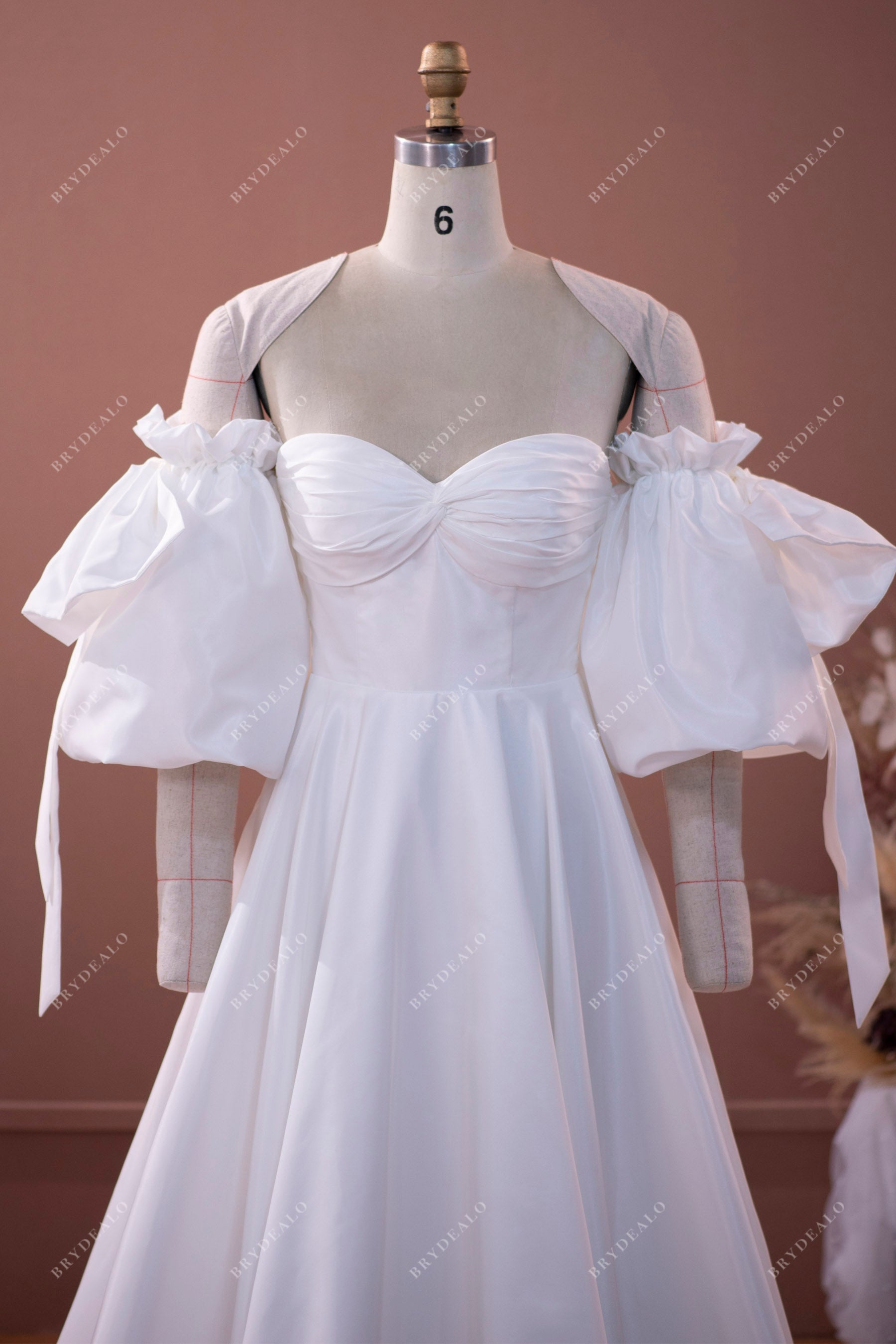 Taffeta Pleated Sweetheart A-line Wedding Gown with Bubble Sleeves
