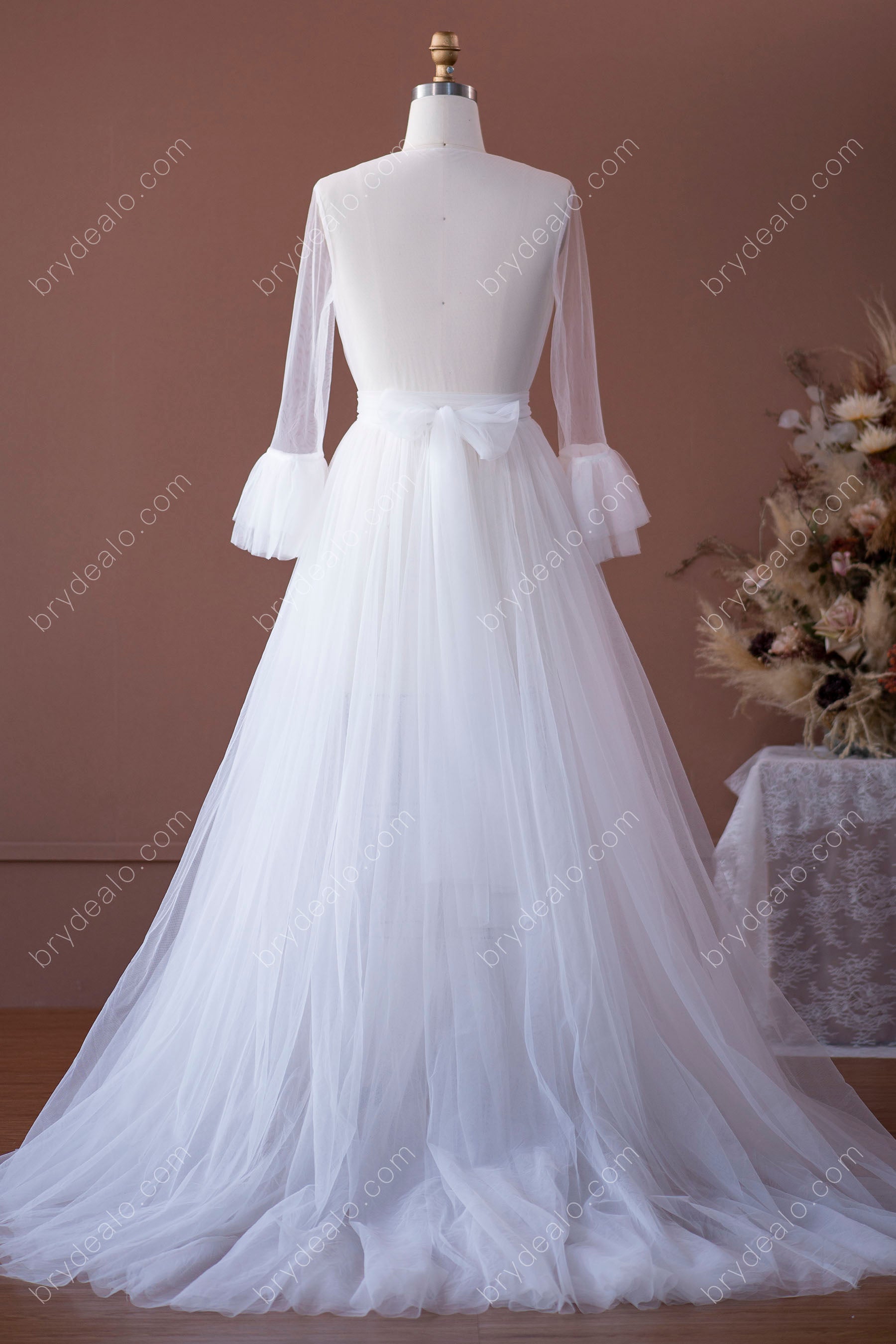 Tulle Bell Sleeve Plunging Bridal Robe