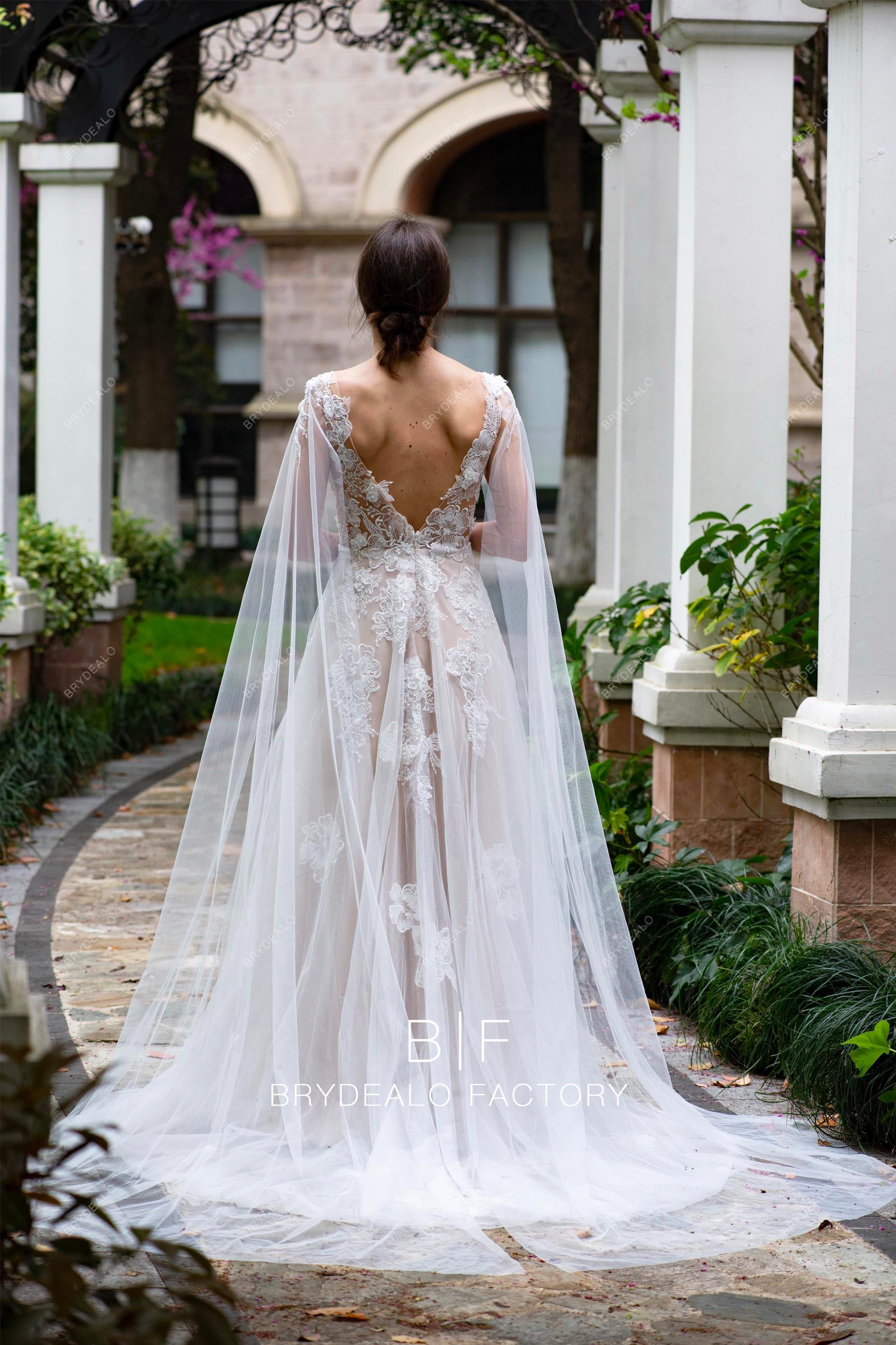 romantic V-cut back long shoulder veil lace wedding dress