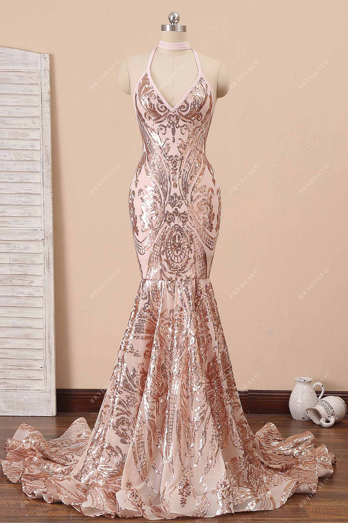 Rose Gold Sequin Halter Ruffled Mermaid Prom Gown