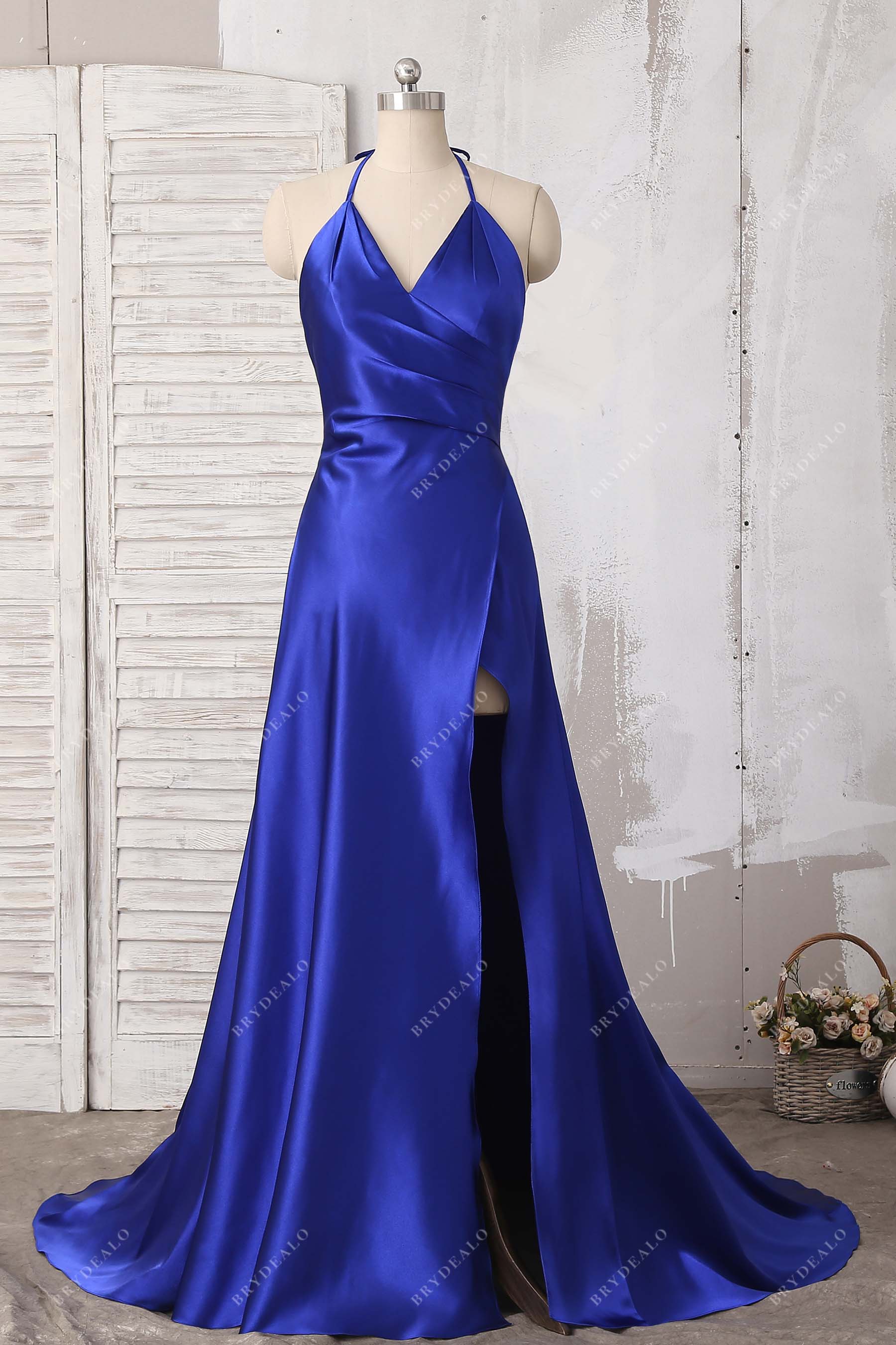 royal blue A-line satin prom dress
