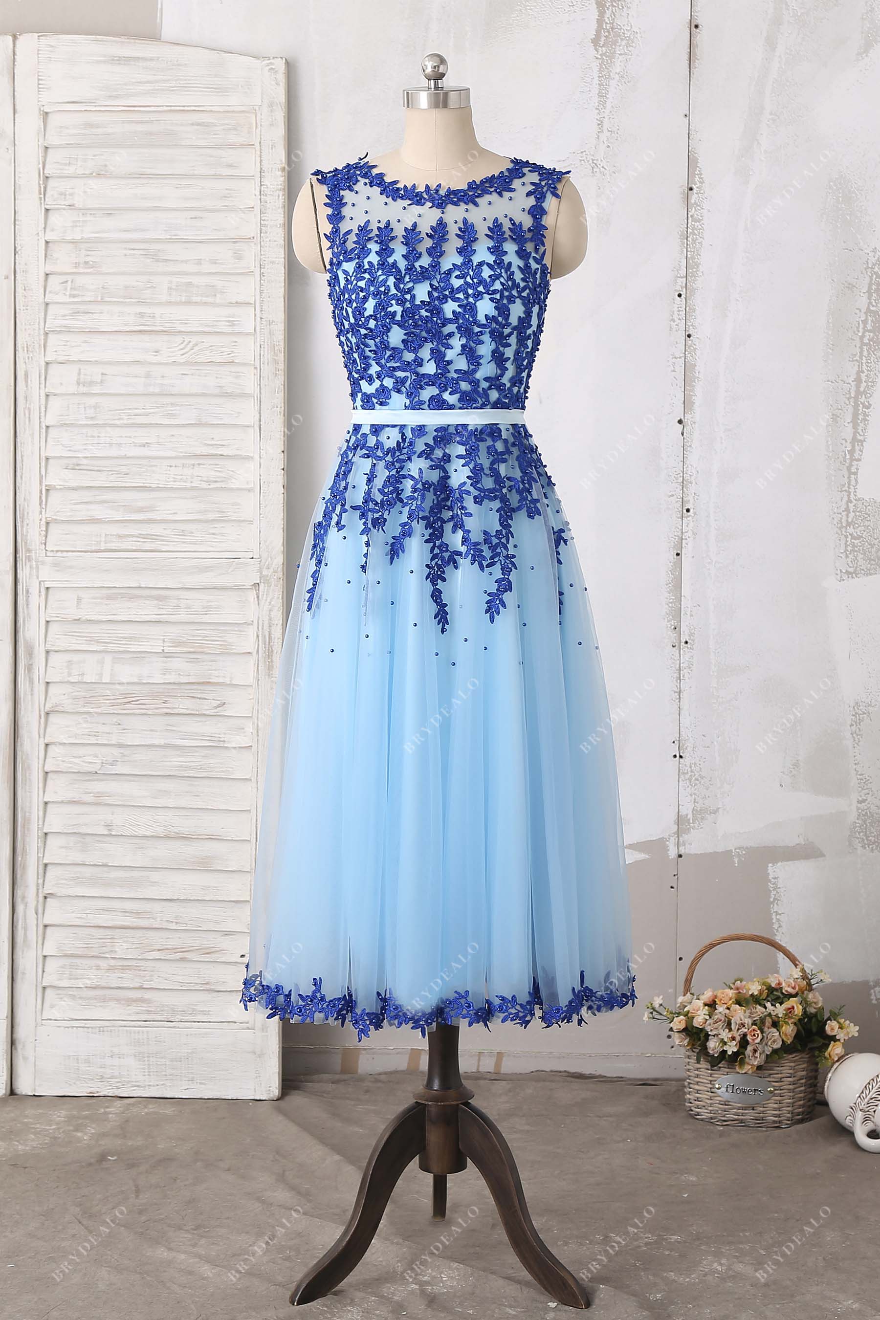 royal blue appliques sky blue tulle homecoming dress