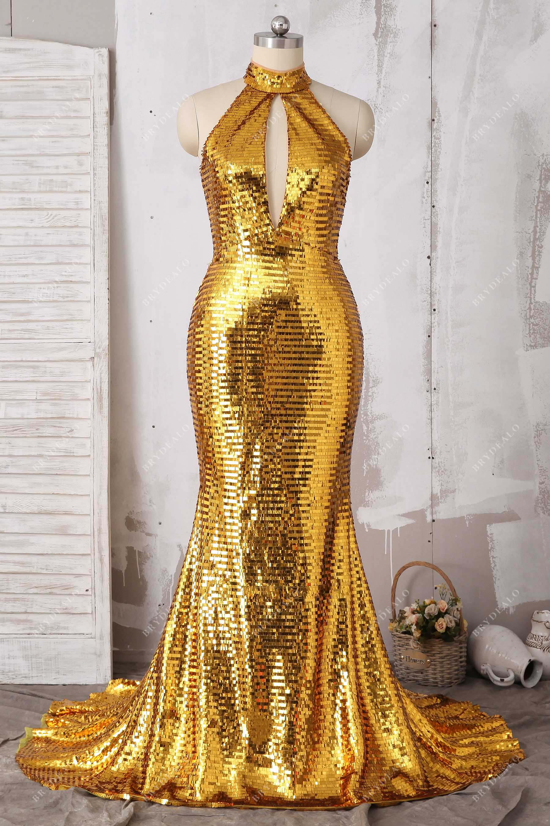 royal gold sequin keyhole halter mermaid prom gown