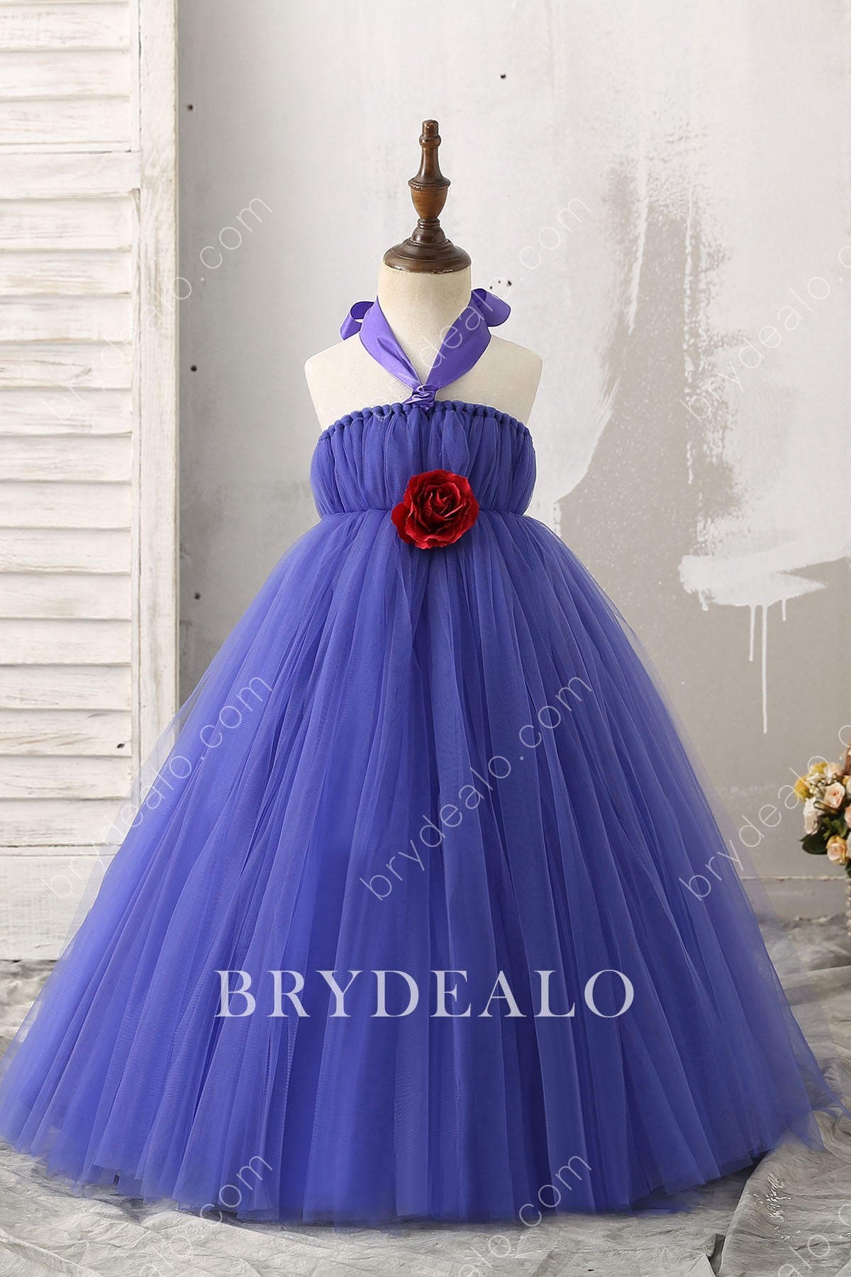 Ruby 3D Rose Royal Blue Flower Girl Ball Gown