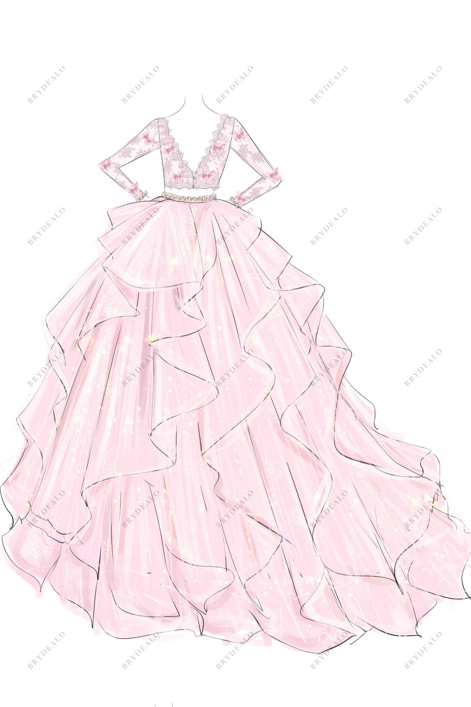 ruffled ball gown two-piece bridal dress sketch