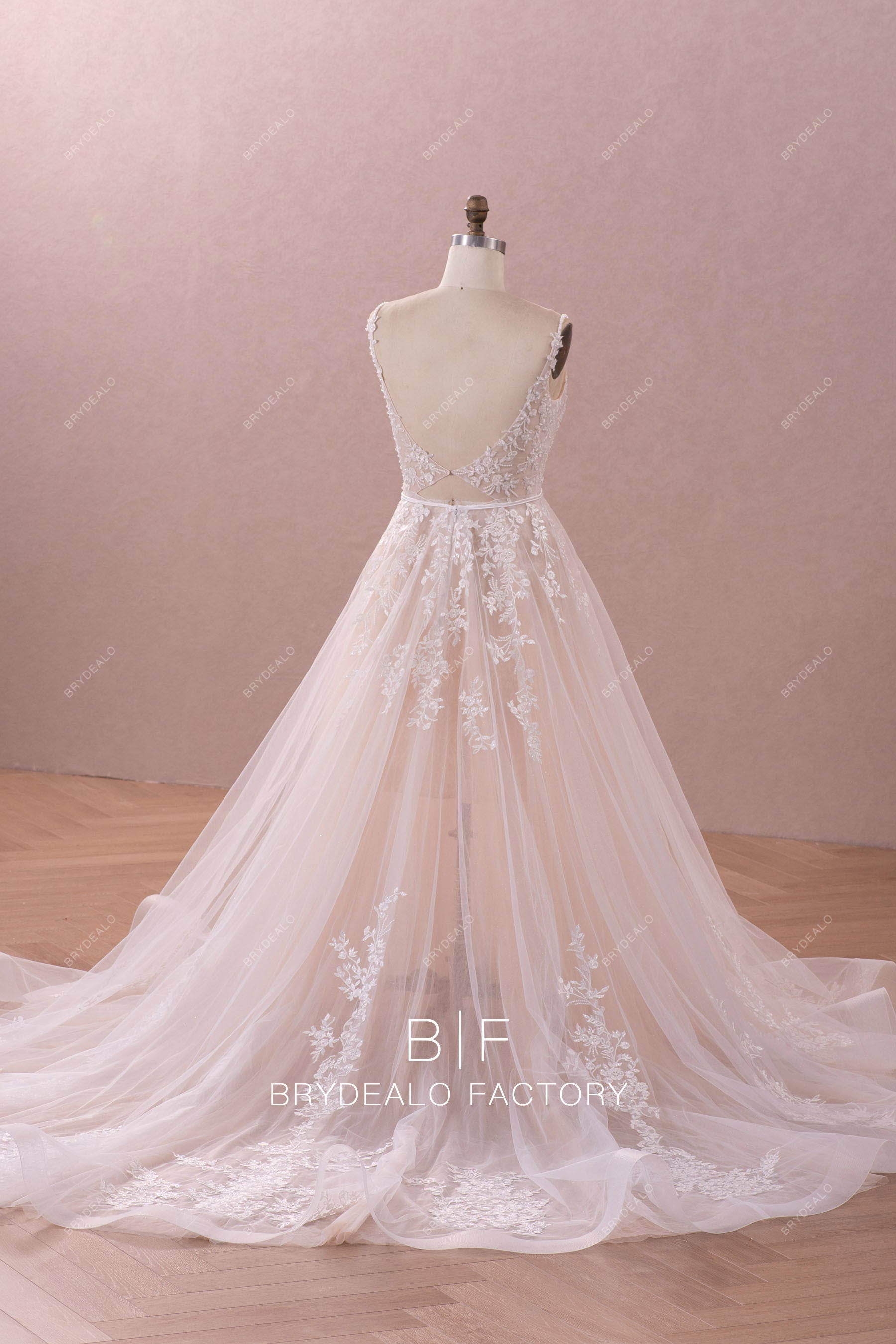ruffled long open back beaded lace wedding dress