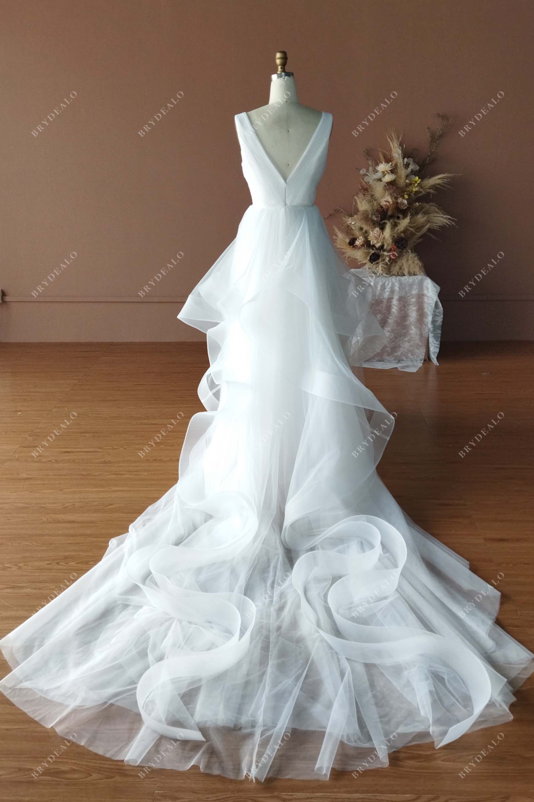 Ruffled Long Train Overskirt V-back Bridal Dress