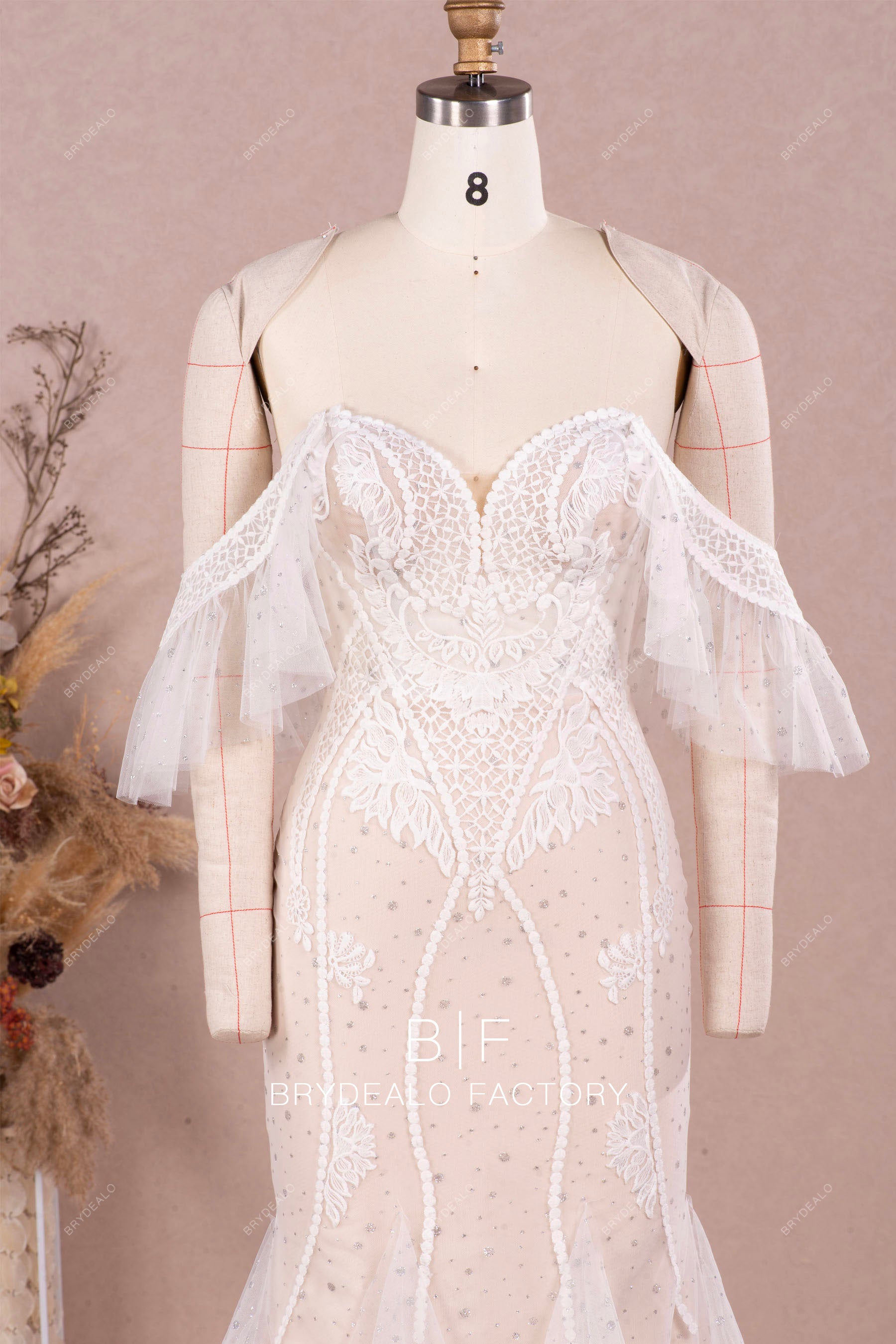 ruffled off shoulder lace wedding dress