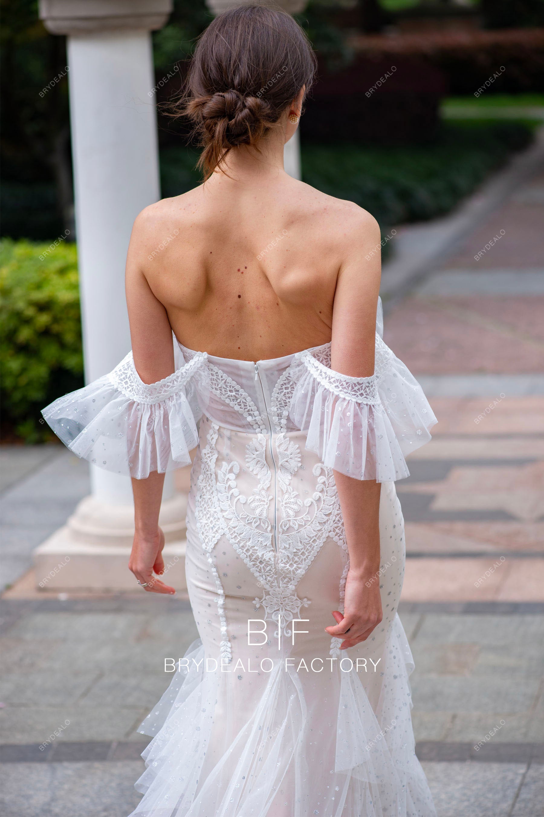 ruffled off shoulder lace wedding dress