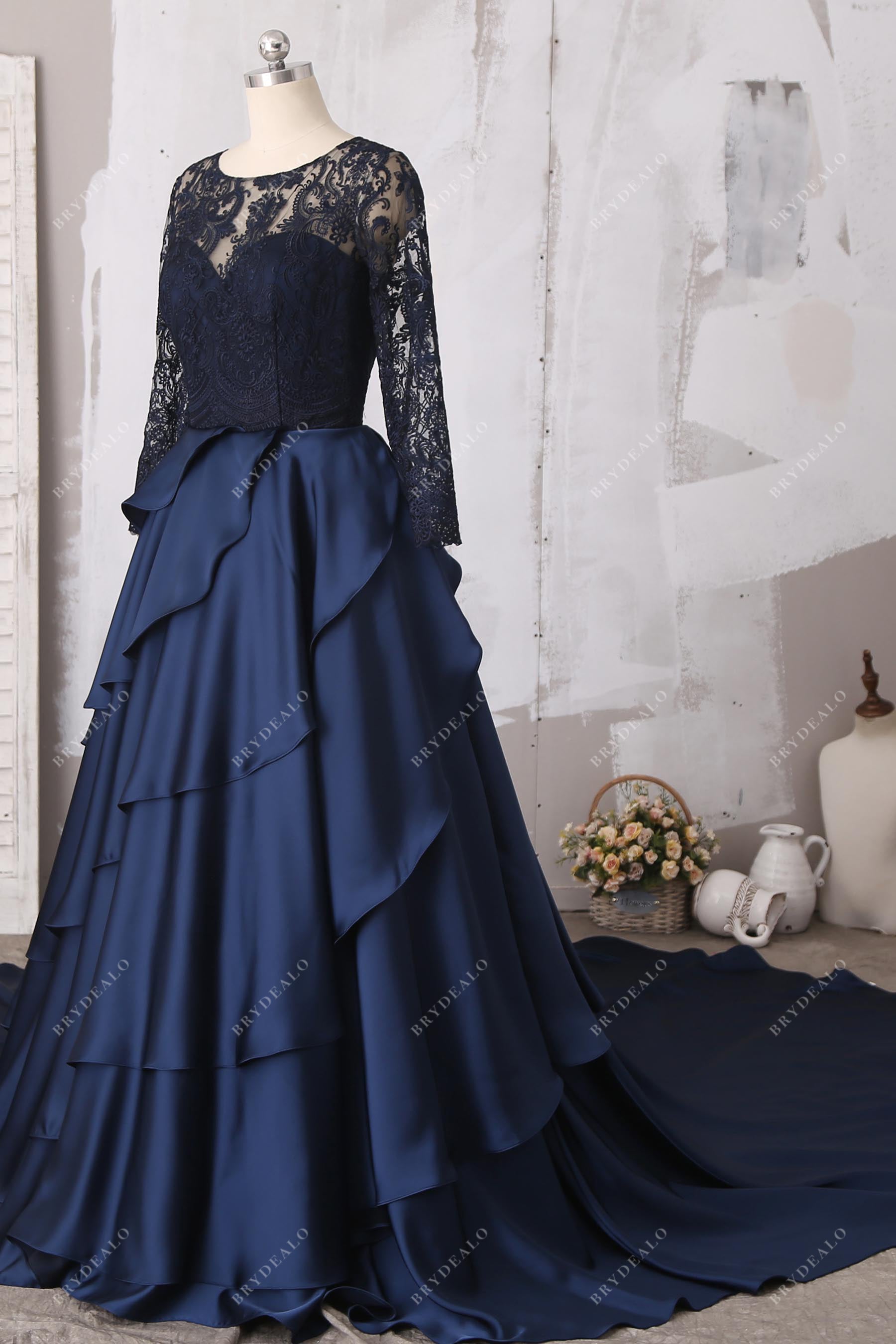 ruffled satin ball gown navy sheer long sleeves wedding gown