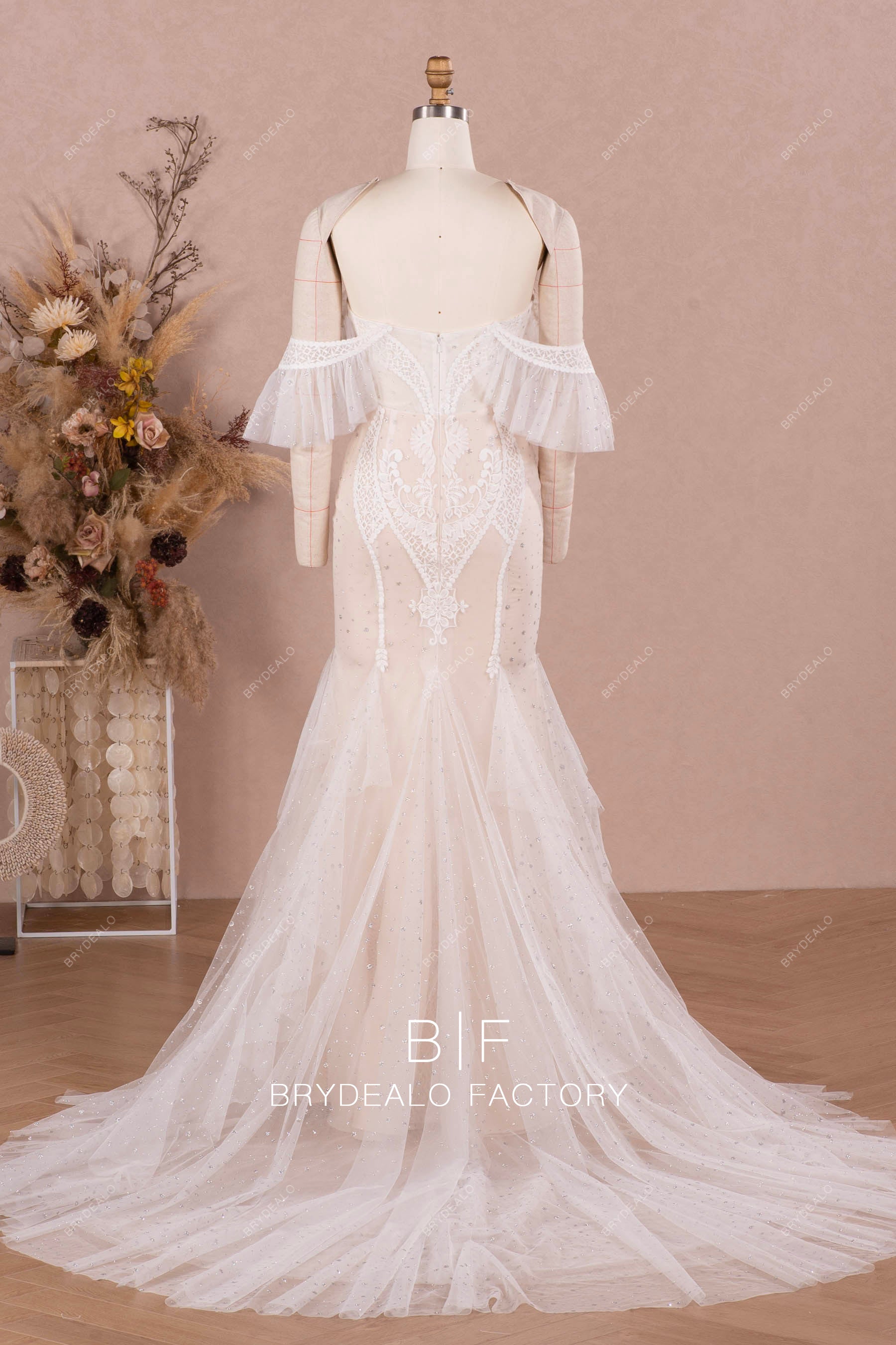 ruffled shimmery tulle lace long boho wedding dress