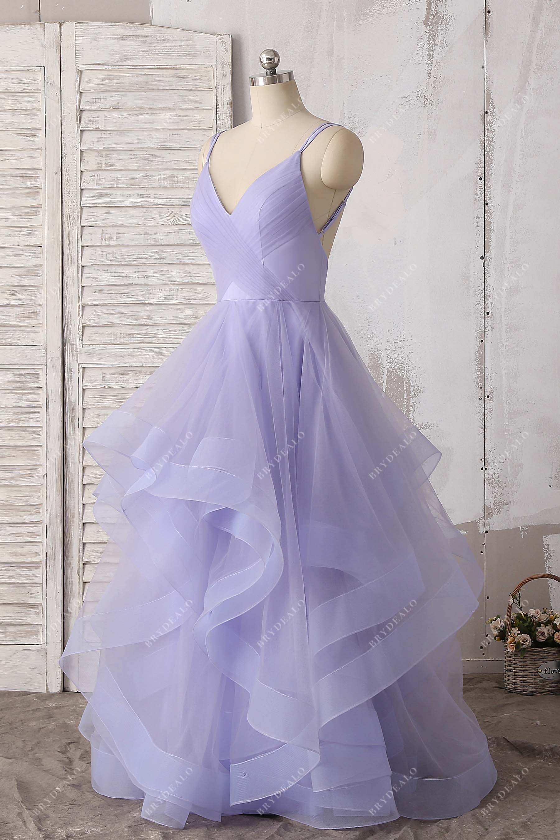 ruffled tulle A-line prom dress