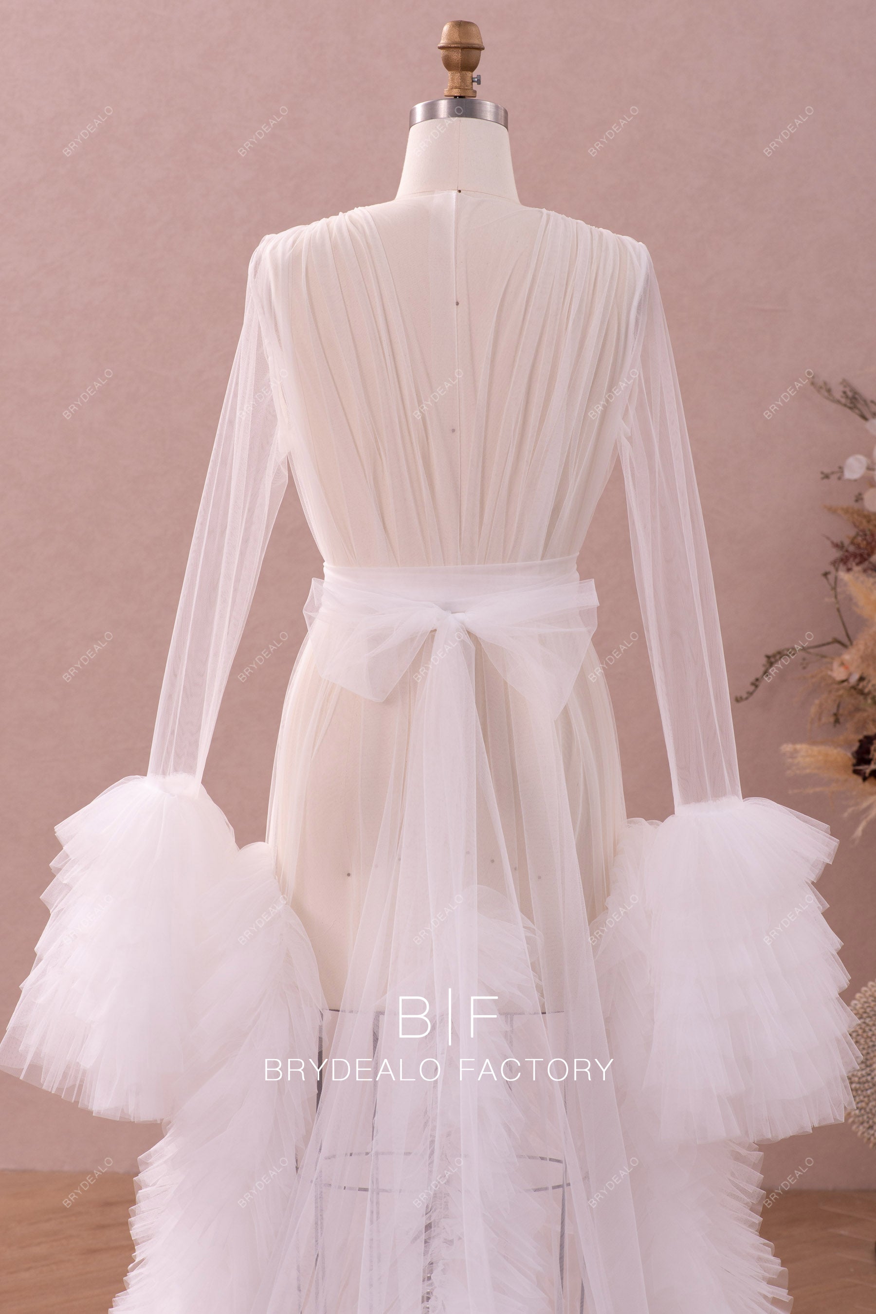 ruffled tulle bridal robe with detachable sash