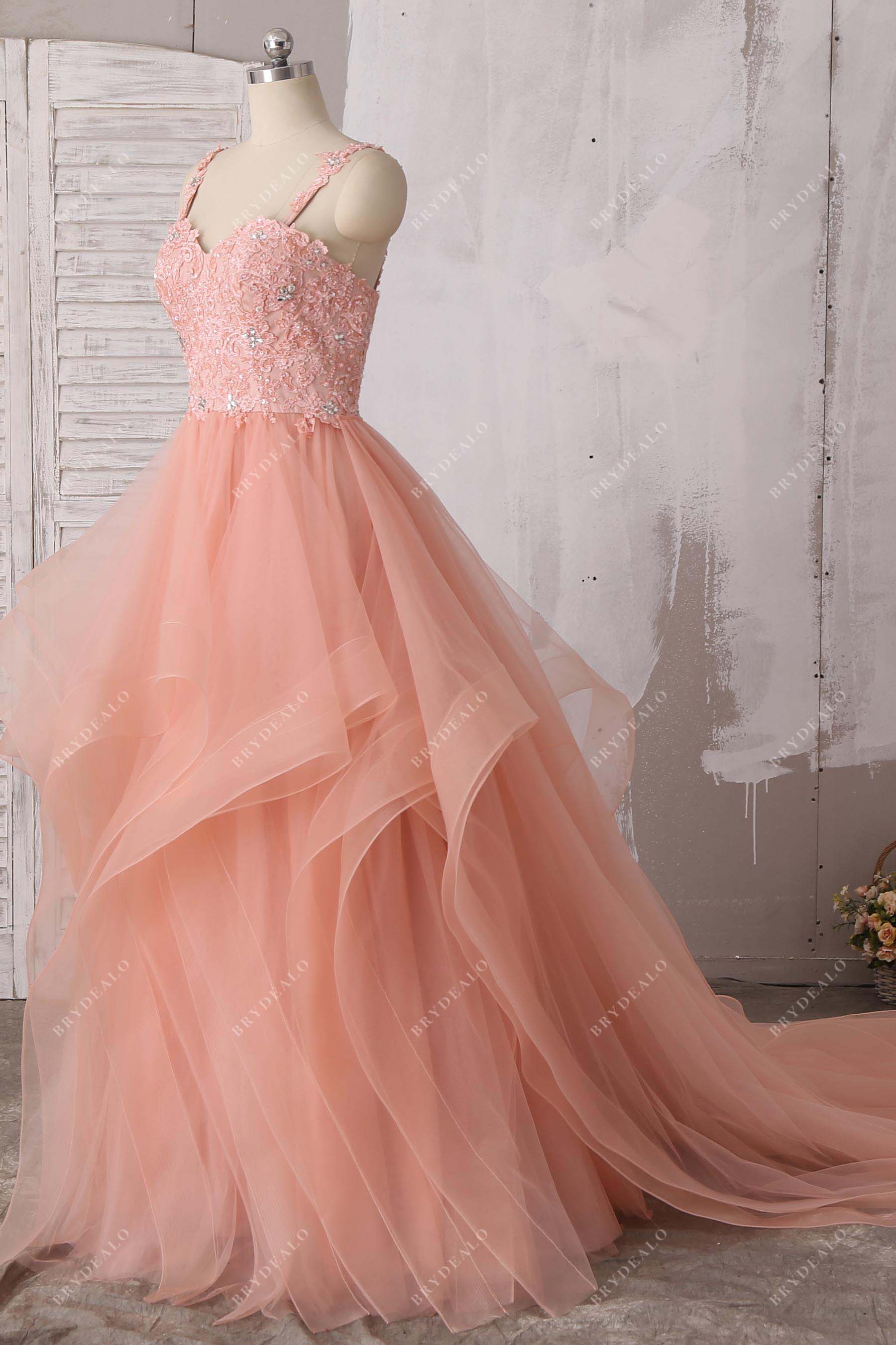 ruffled tulle sleeveless lace prom dress