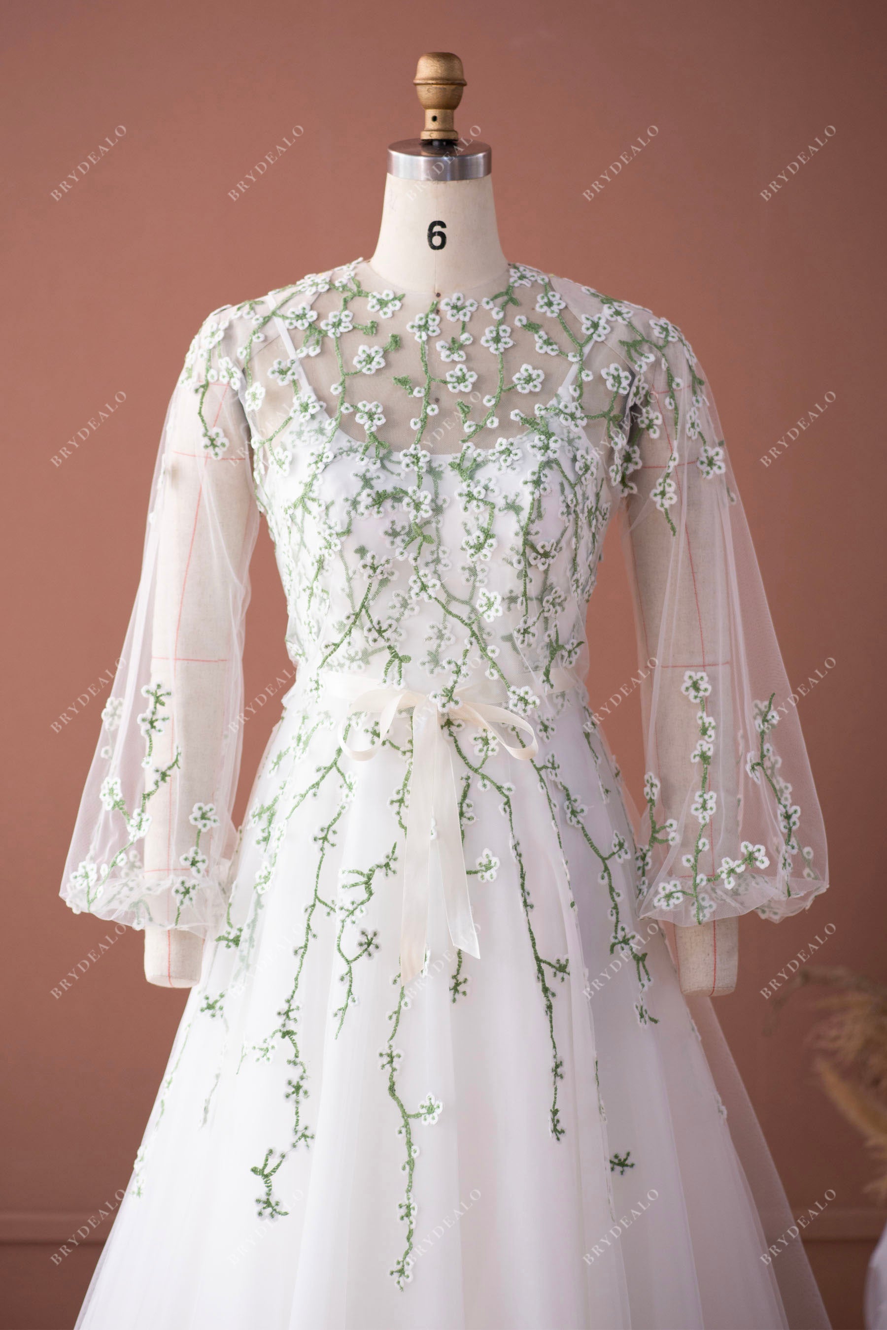 Rustic Flower Lace Bubble Sleeve Blouse A line Wedding Dress