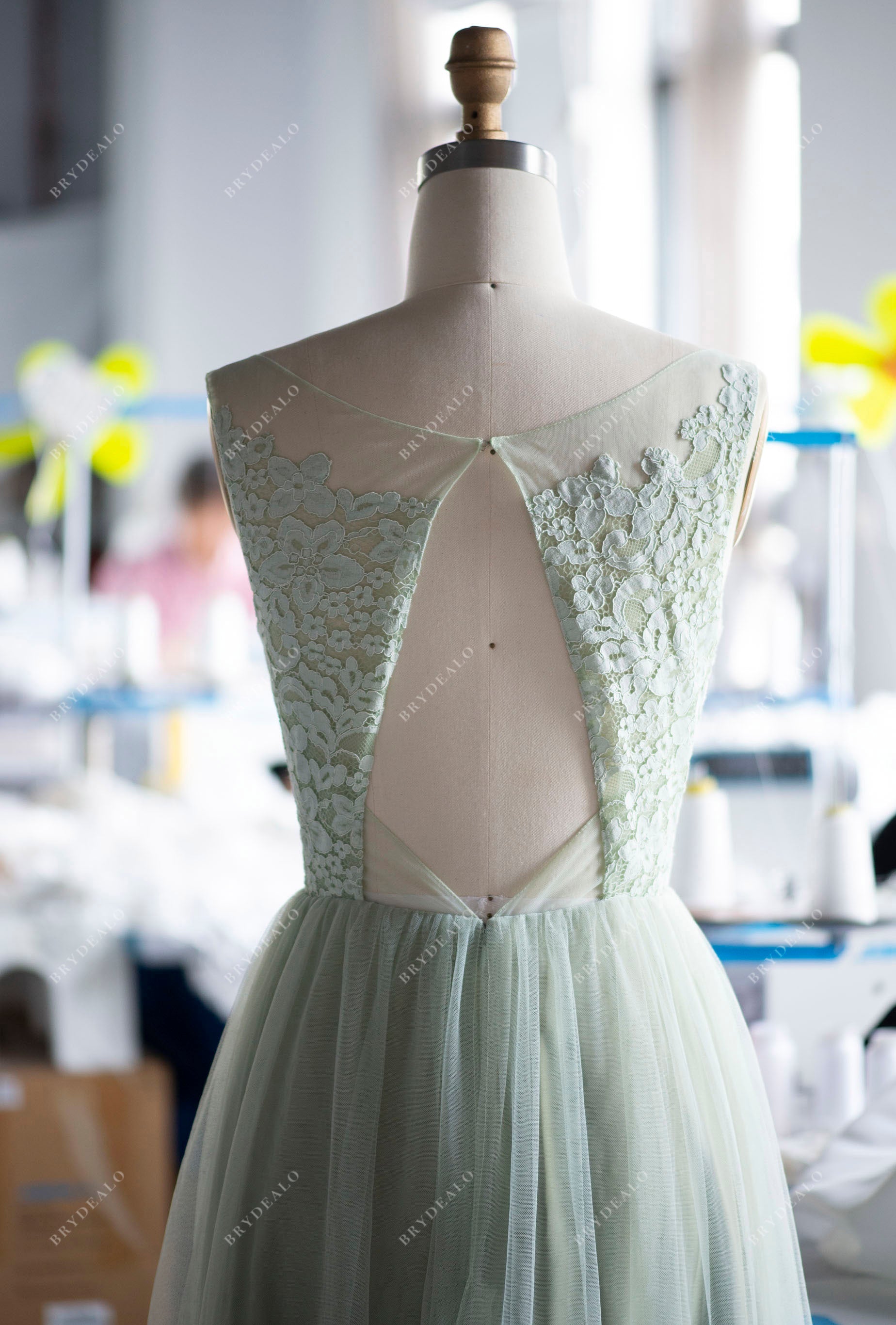 Wholesale Sage Green Lace Tulle Keyhole Back A-line Bridesmaid Dress