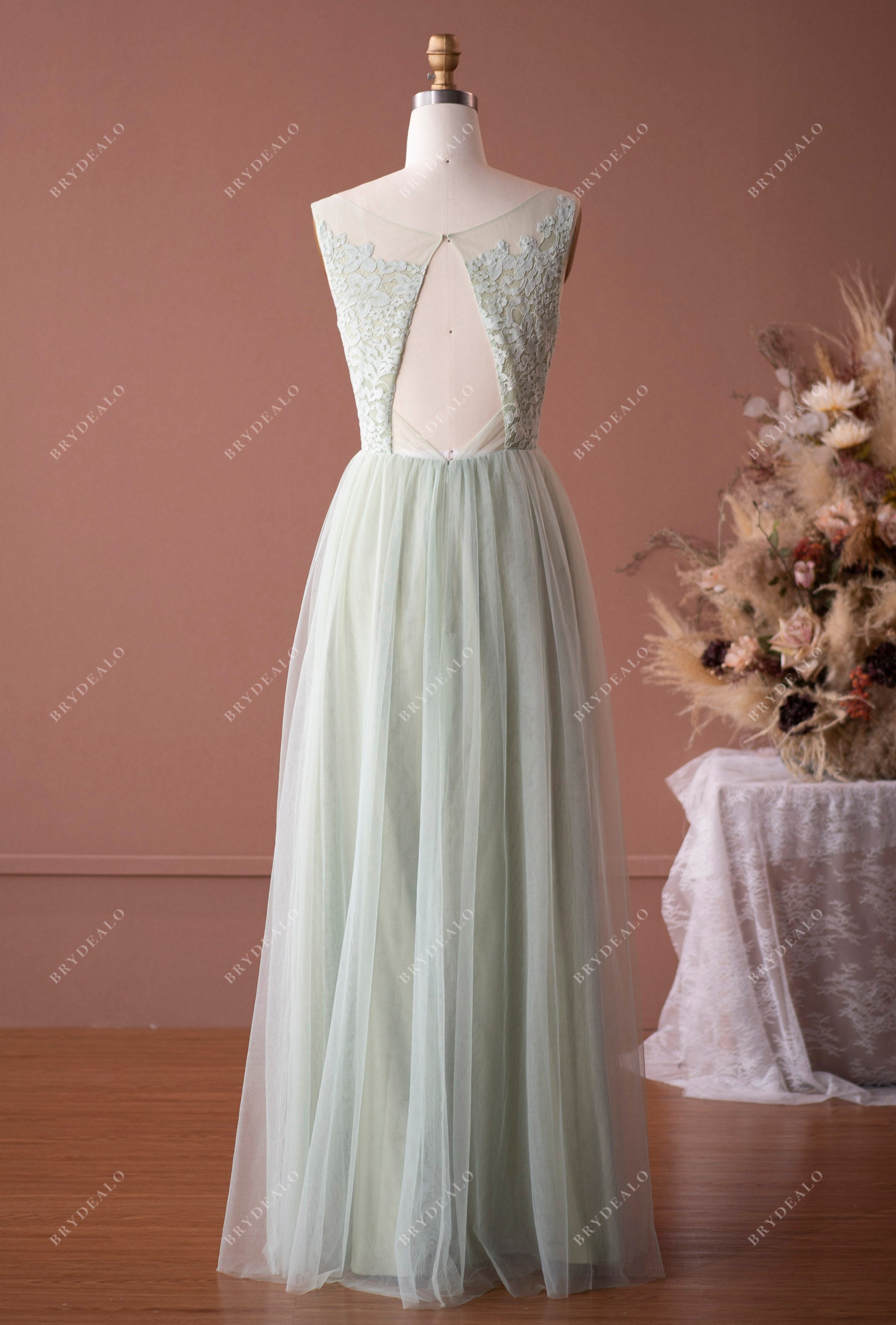 Sage Green Lace Tulle Keyhole Back Bridesmaid Gown Sample Sale