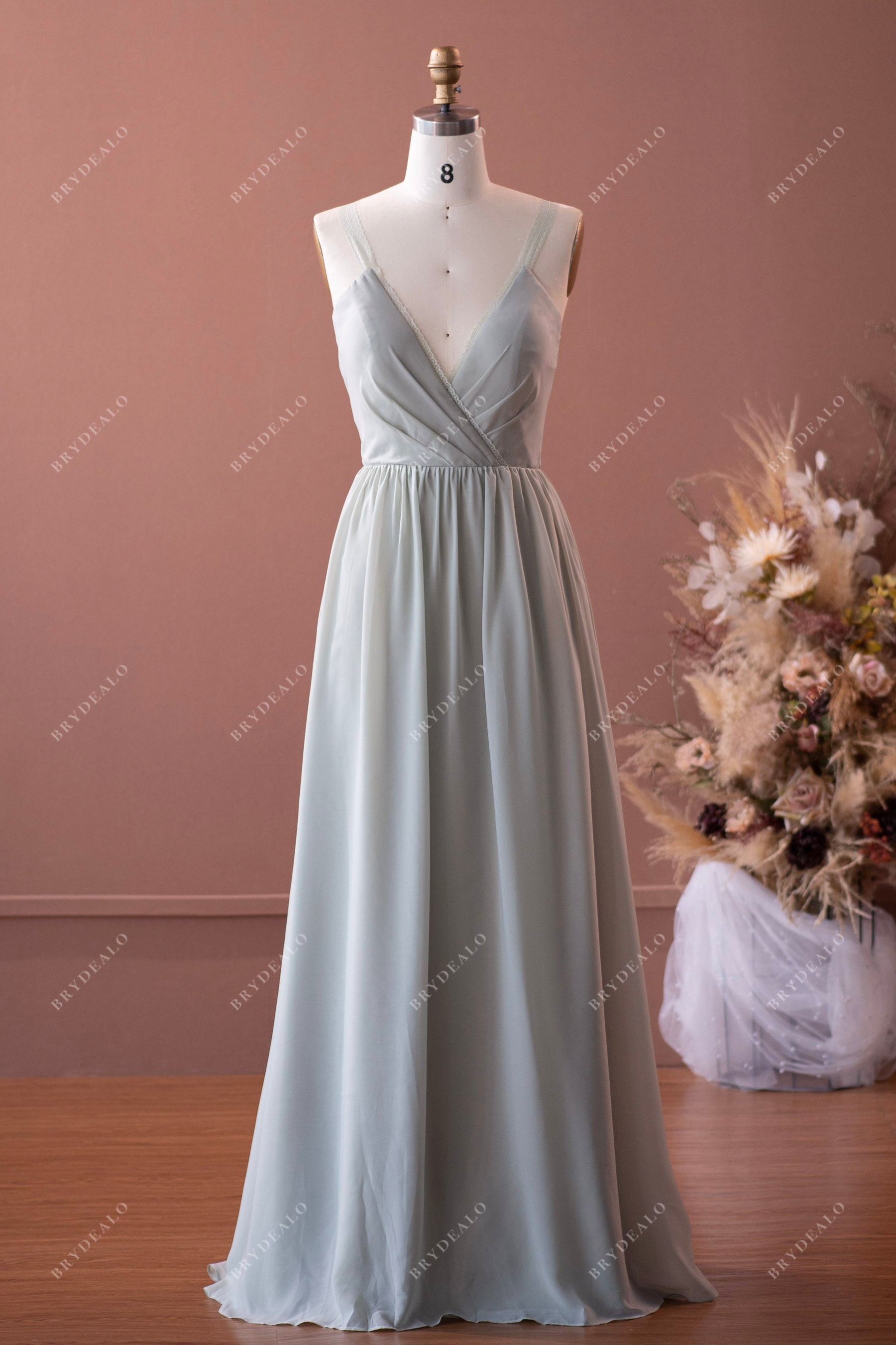 Sage Green Lace Flowy Chiffon Bridesmaid Dress