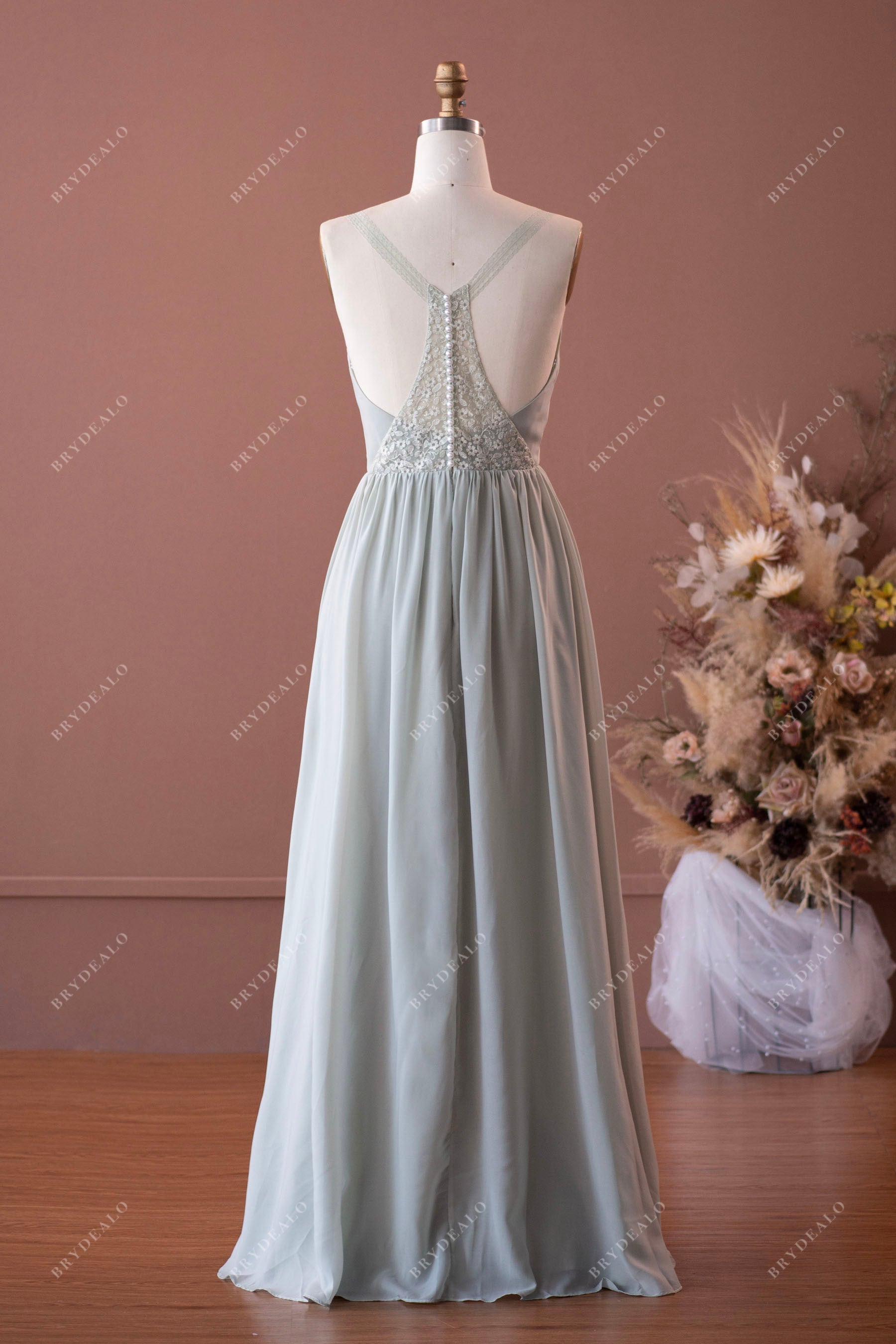 Sage Green Lace Pearls Chiffon Floor Length Bridesmaid Dress