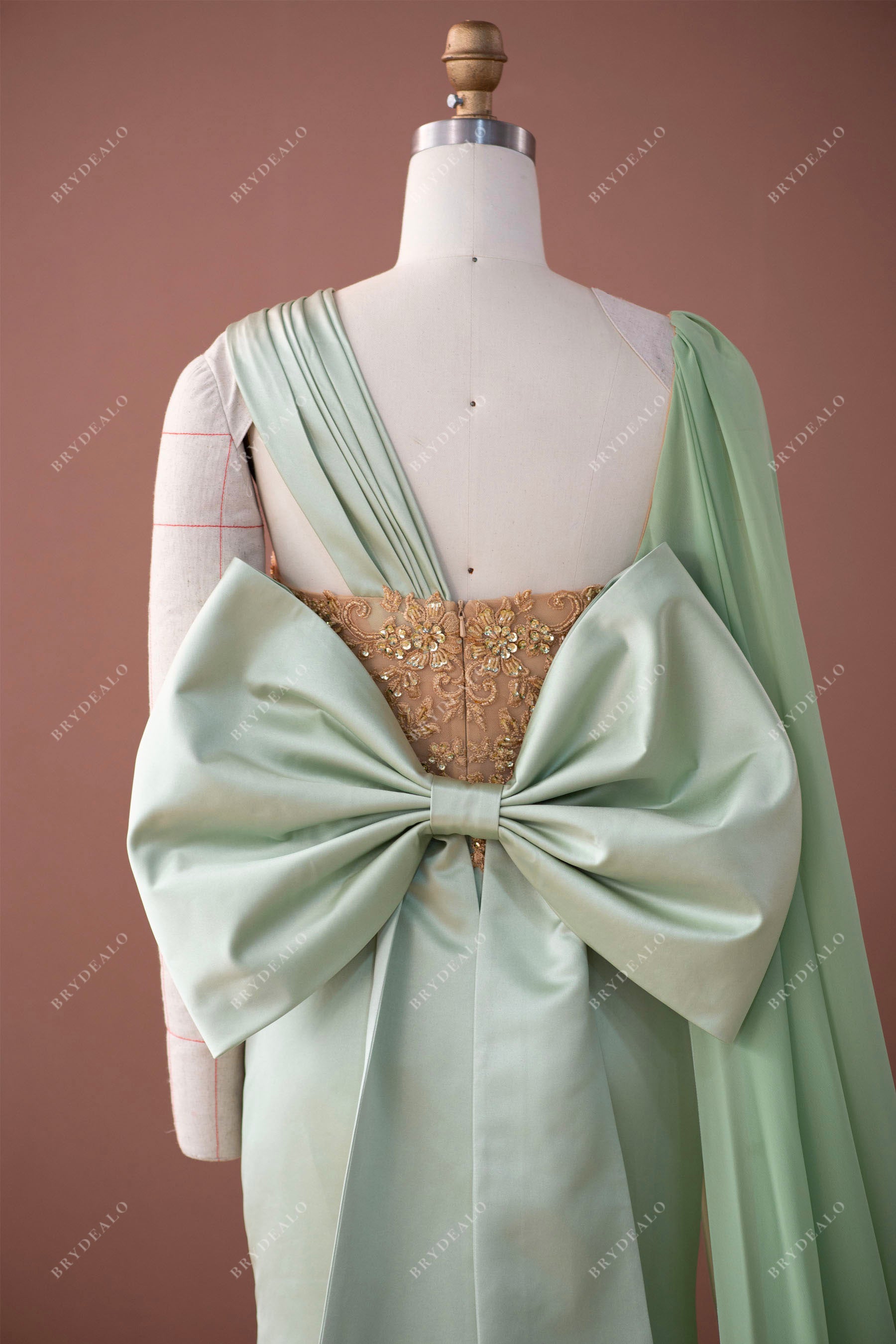 sage mermaid prom dress with detachable big bowknot