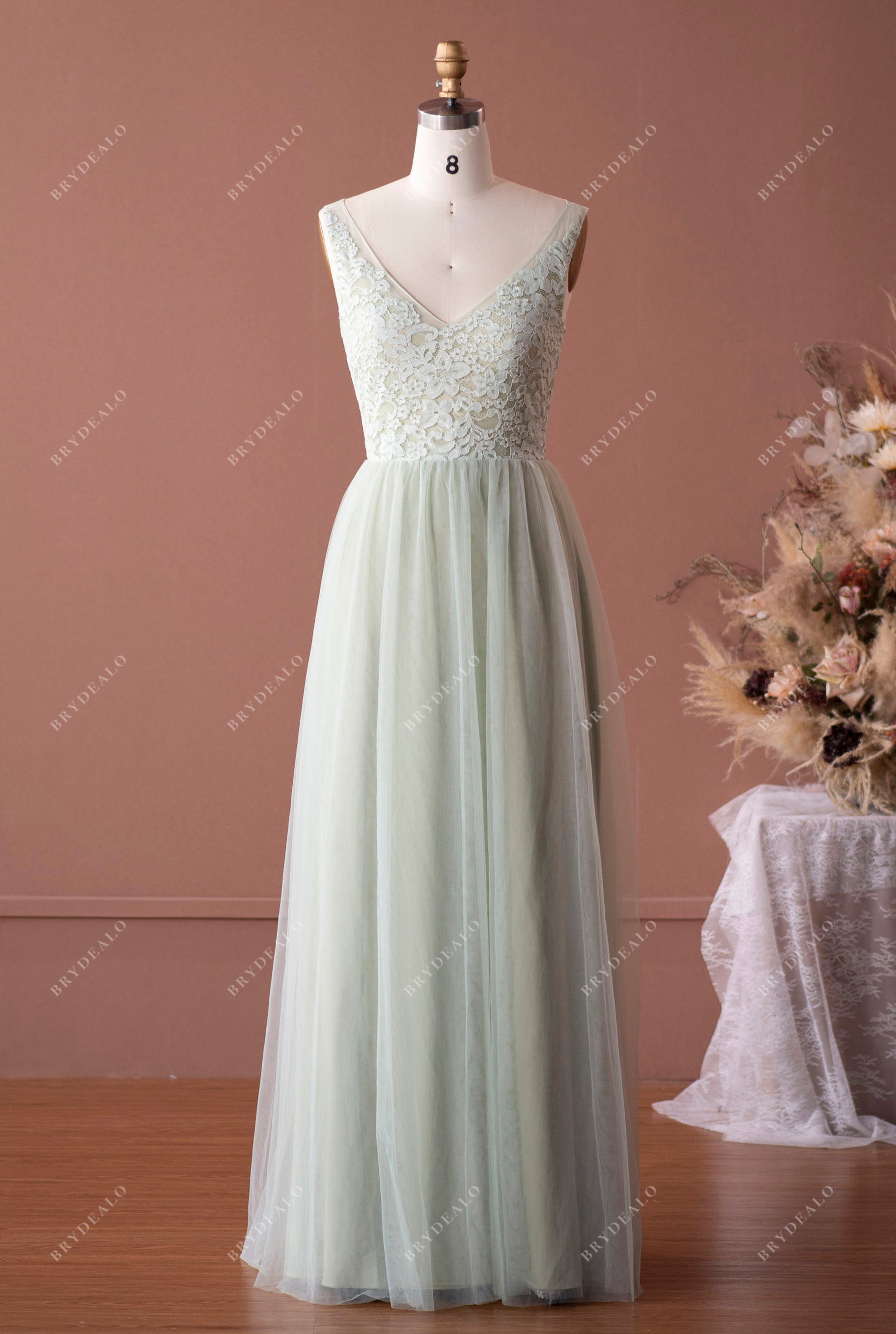 Sage Green Lace Tulle V-neck Back Bridesmaid Dress