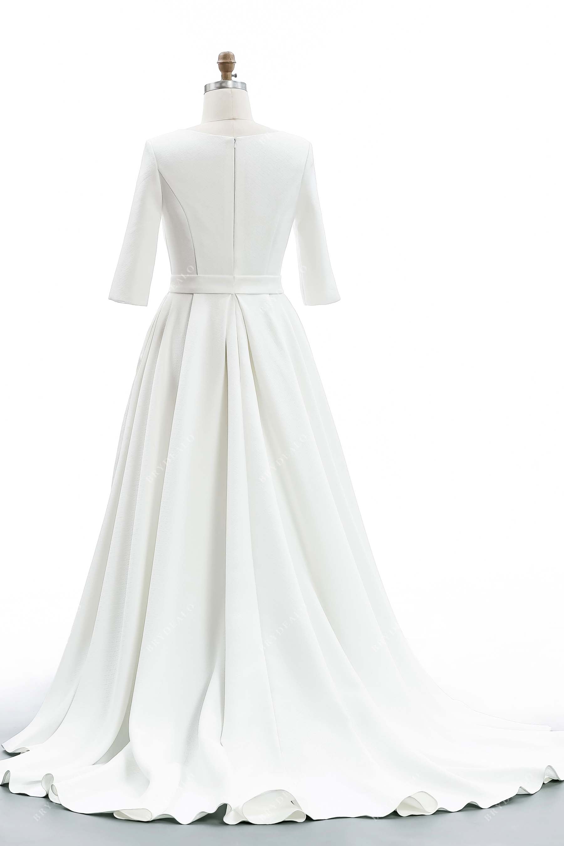 satin boat neck sleeve full back court train bridal dress