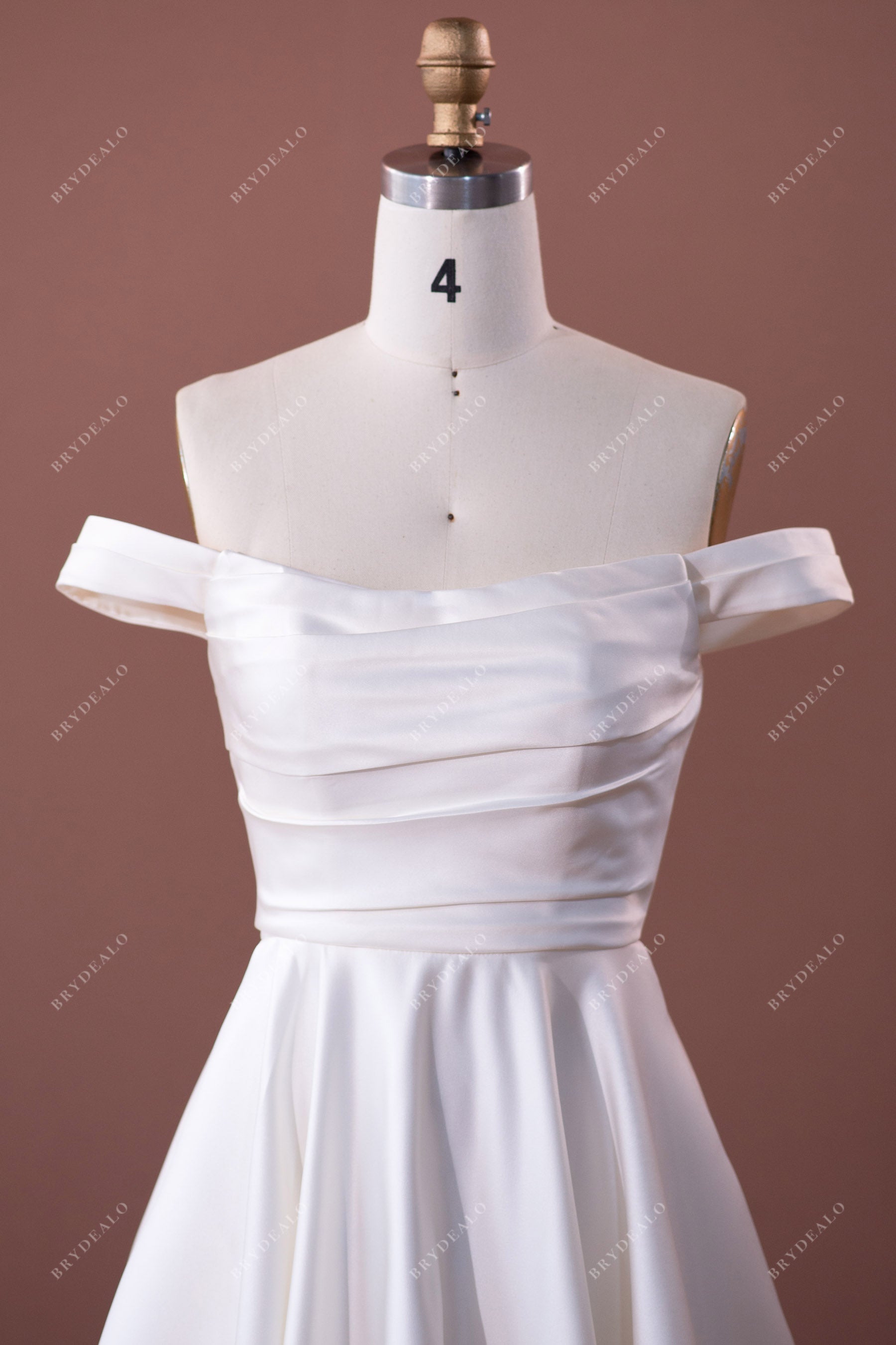 satin off-shoulder A-line wedding gown