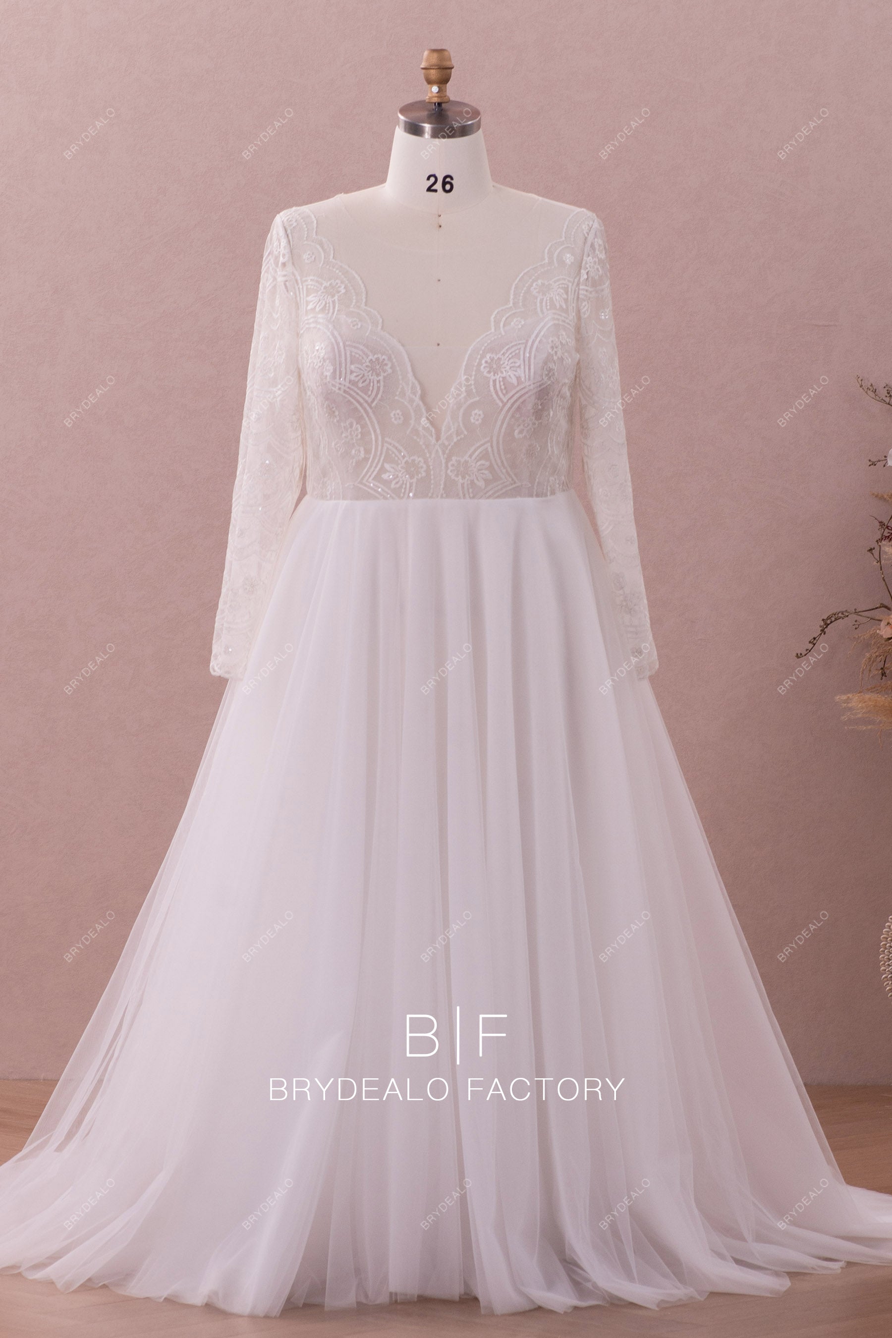 scalloped deep v-neck lace tulle wedding dress