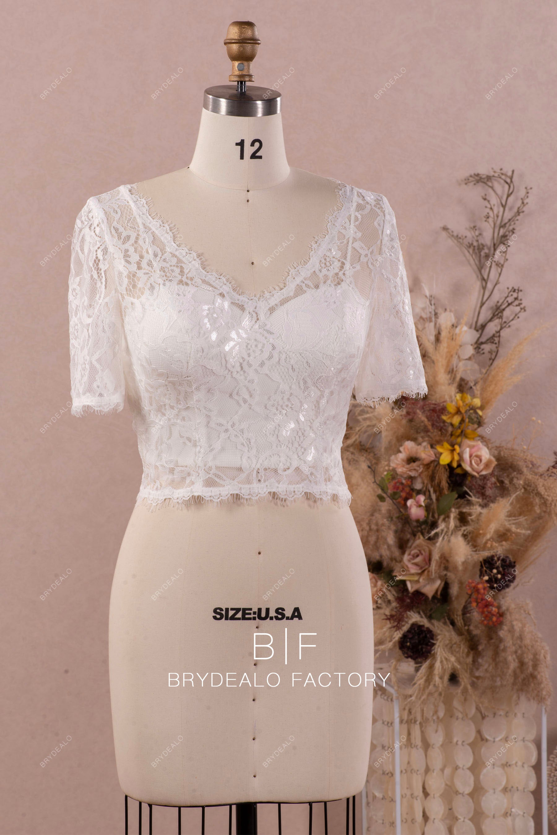 scalloped lace sleeved bridal crop top