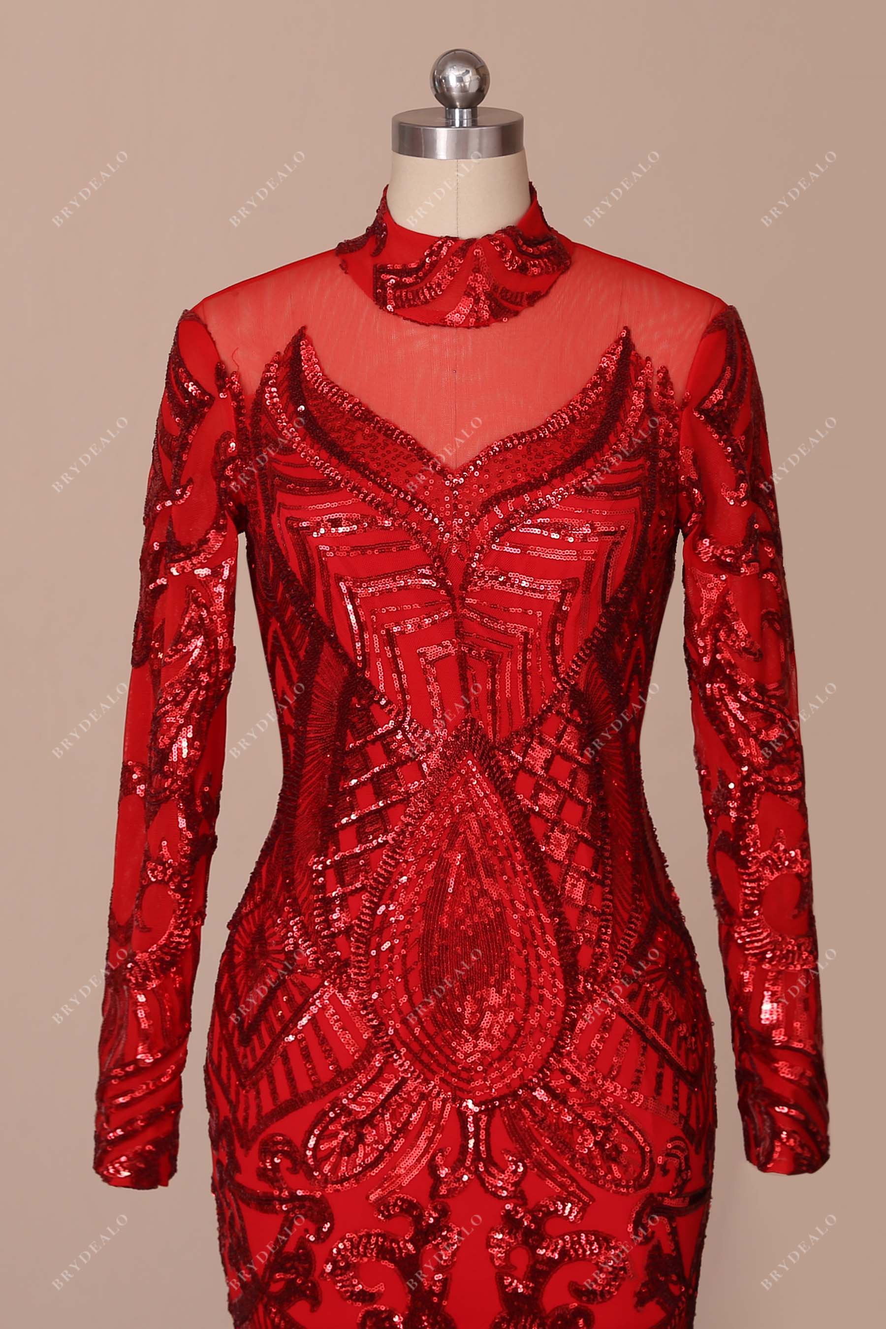 sequin high neck red sleeved prom dress