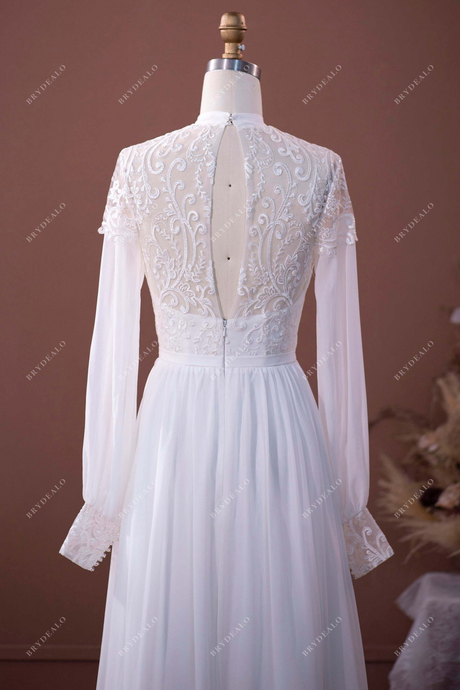 keyhole lace illusion back sheer long sleeves dress